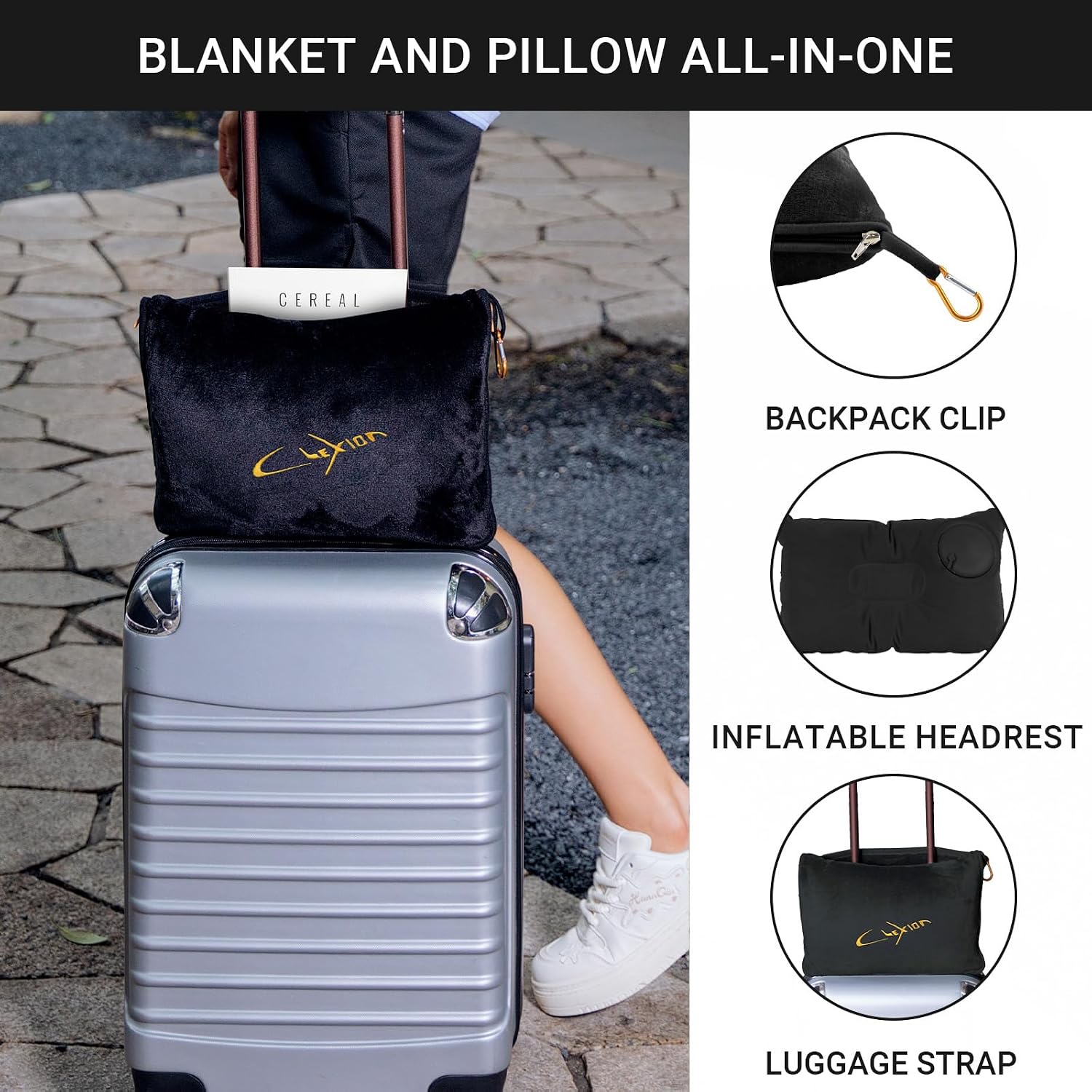 Airplane Travel Blanket with Pillow,300 GSM Soft Fleece Compact Blanket with Carry Bag, Lightweight Travel Blanket for Flights, Black