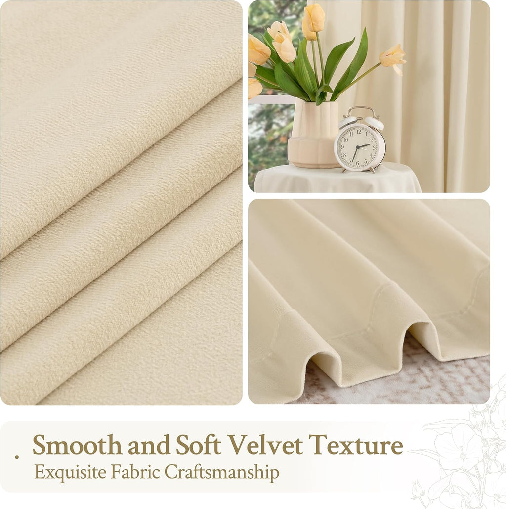 Lamit Beige Velvet Curtains for Living Room 120 Inches Long, Elegant Thermal Insulated Panels Noise Reducing Back Tab and Rod Pocket Drapes…