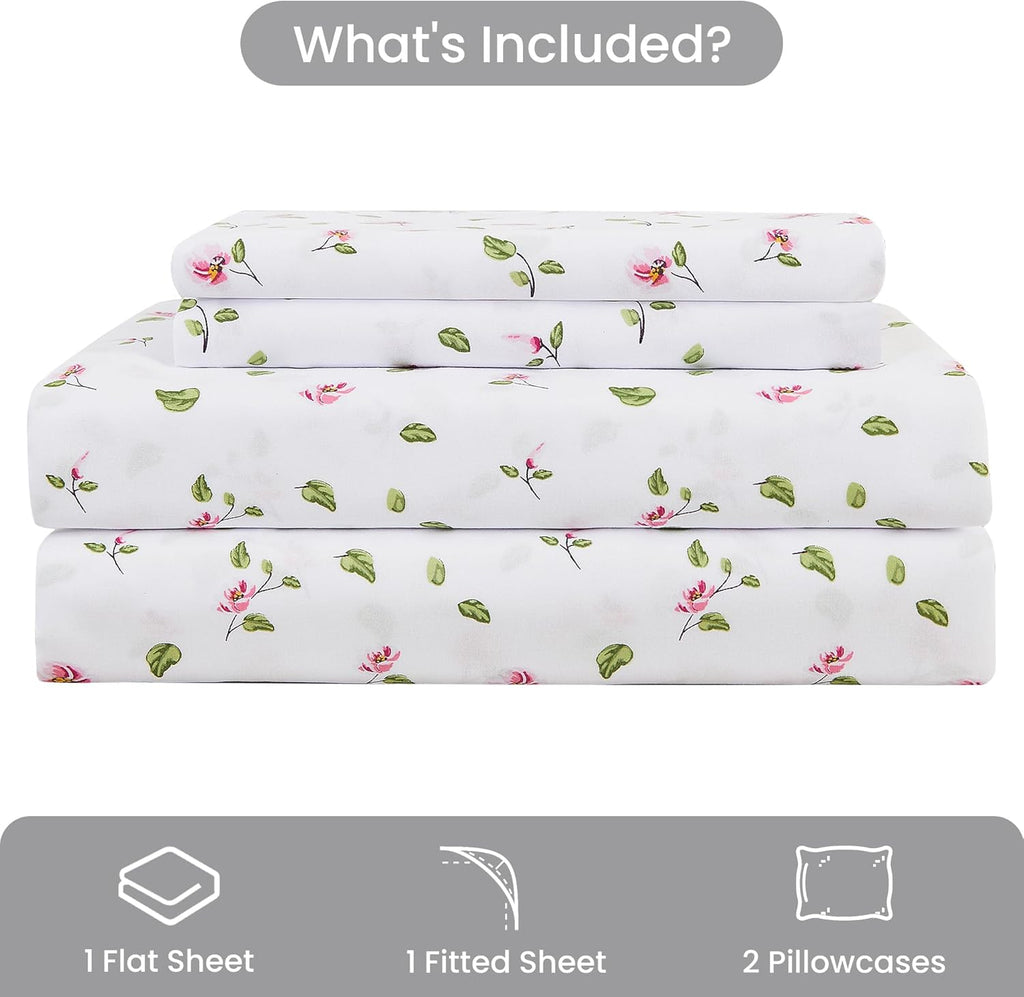 mooreeke Queen Sheets Set - 4 Pieces Soft Breathable Microfiber Bed Sheet Set - Pink Flower Green Leaf Pattern Sheet Set - Deep Pocket Non-…