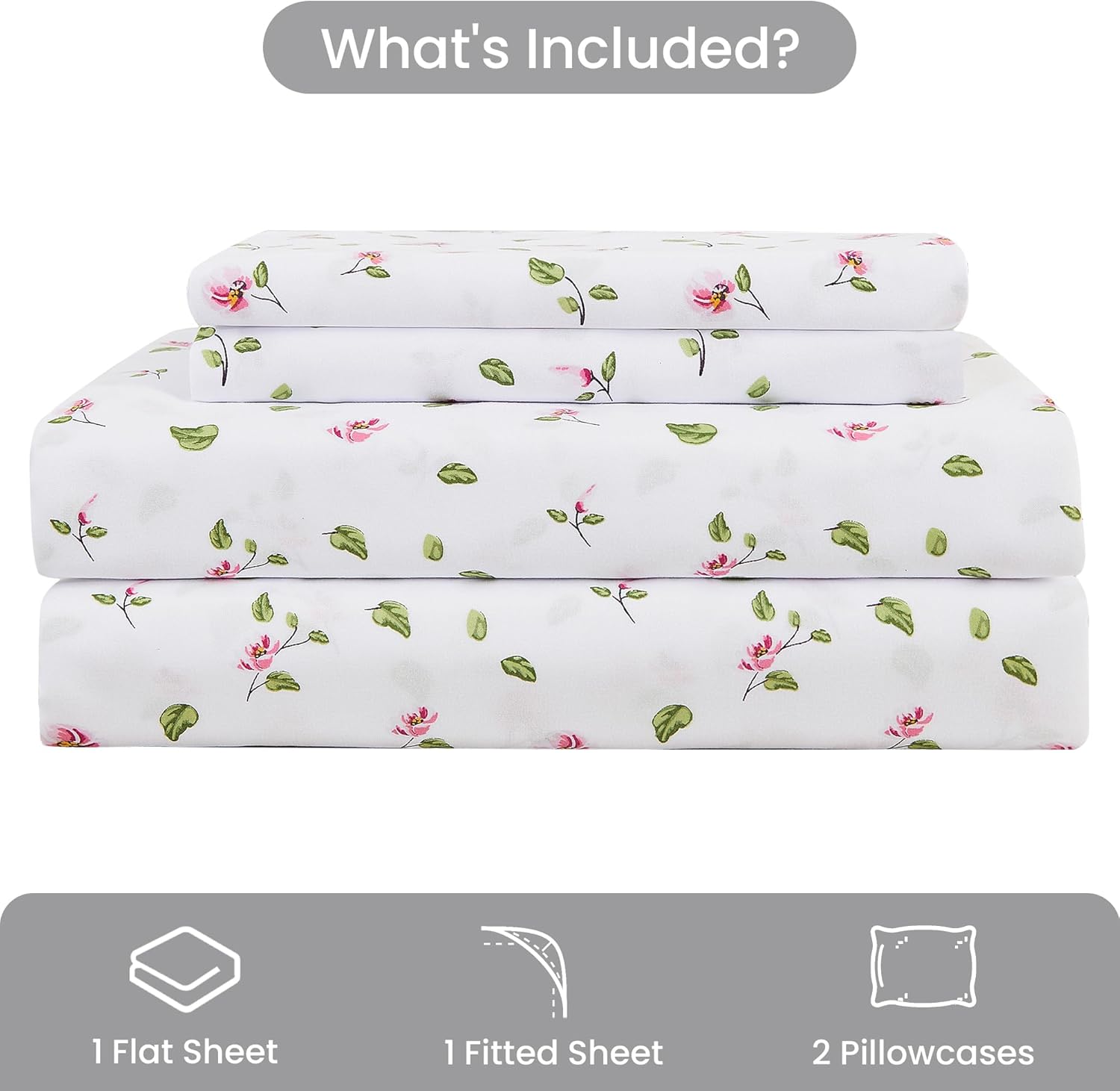 mooreeke Queen Sheets Set - 4 Pieces Soft Breathable Microfiber Bed Sheet Set - Pink Flower Green Leaf Pattern Sheet Set - Deep Pocket Non-…