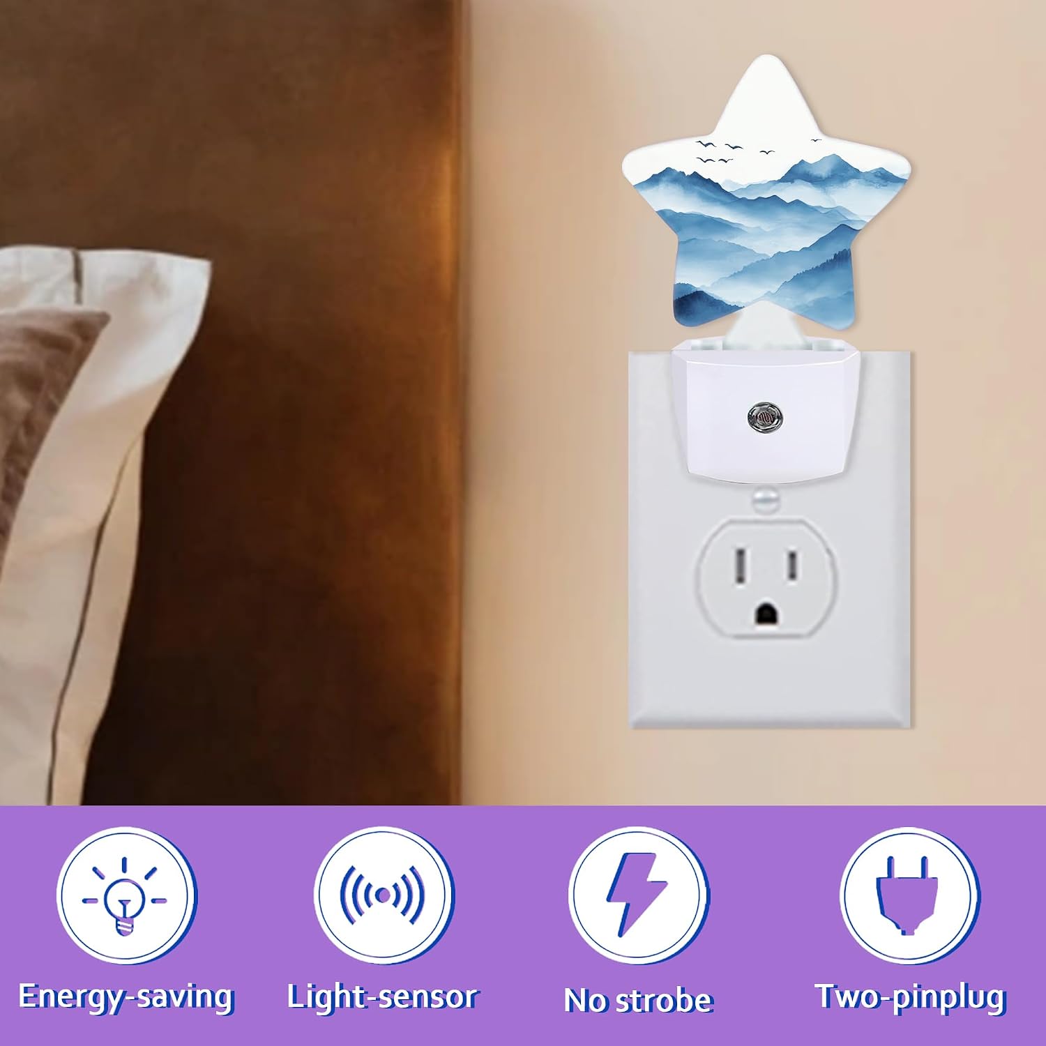 Night Lights Plug Into Wall Decorative, Watercolor Mountain Nightlights for Kids Bedroom, Blue Energy Efficient Dusk-to-Dawn Sensor Sleep…