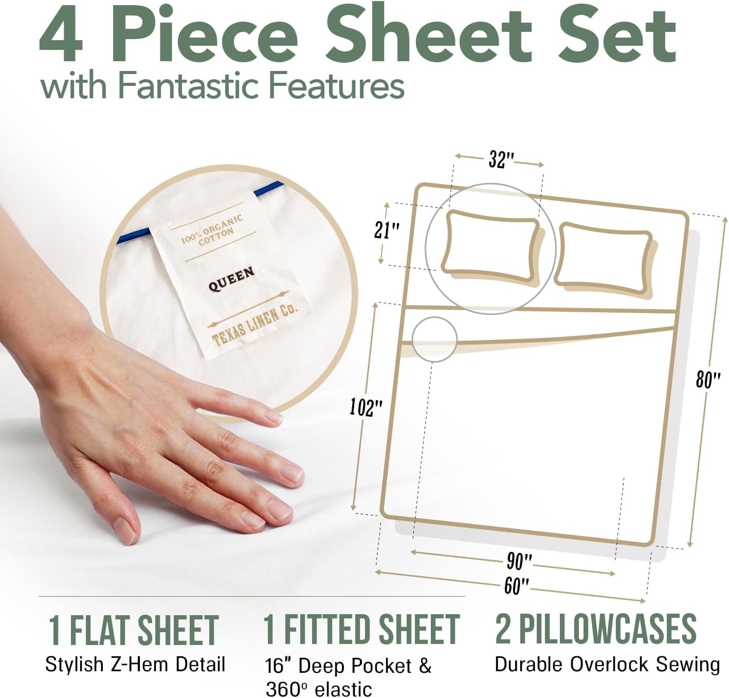 TEXAS LINEN CO. 100% Organic Cotton Queen Percale Sheet Set - Taupe Cotton Percale Sheets Queen, 4 Piece Percale Sheets Queen Size…