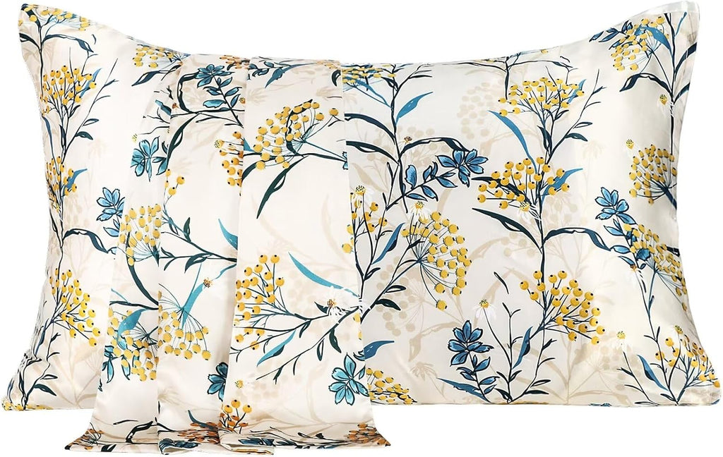 MANSPHIL Sand Floral Botanical Silk Pillow Cases Standard, Printed 22 Momme Mulberry Silk Top with Satin Underside Pillowcase for Hair…