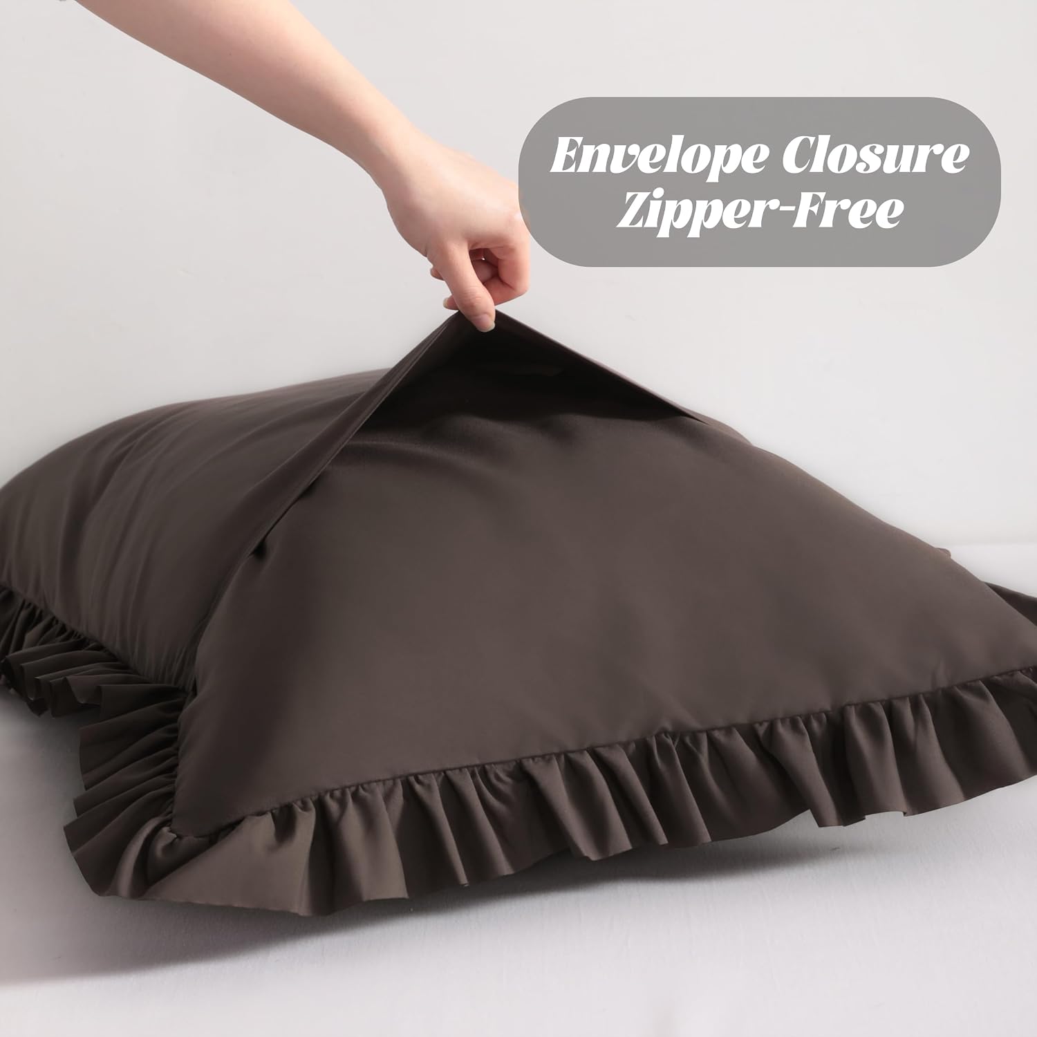 Bedsum Ruffled Pillow Shams Standard 20x26 Set of 2, Brushed Microfiber Pillowcases with Envelope Closure, Soft Wrinkle-Resistant, Dark Bro…