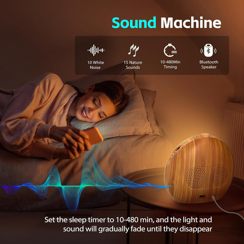Geuuap Wood Grain White Noise Sound Machine Sunrise Alarm Clock with 25 Soothing Sounds, 17 Dimmable Night Lights, Bluetooth Speaker Wake…