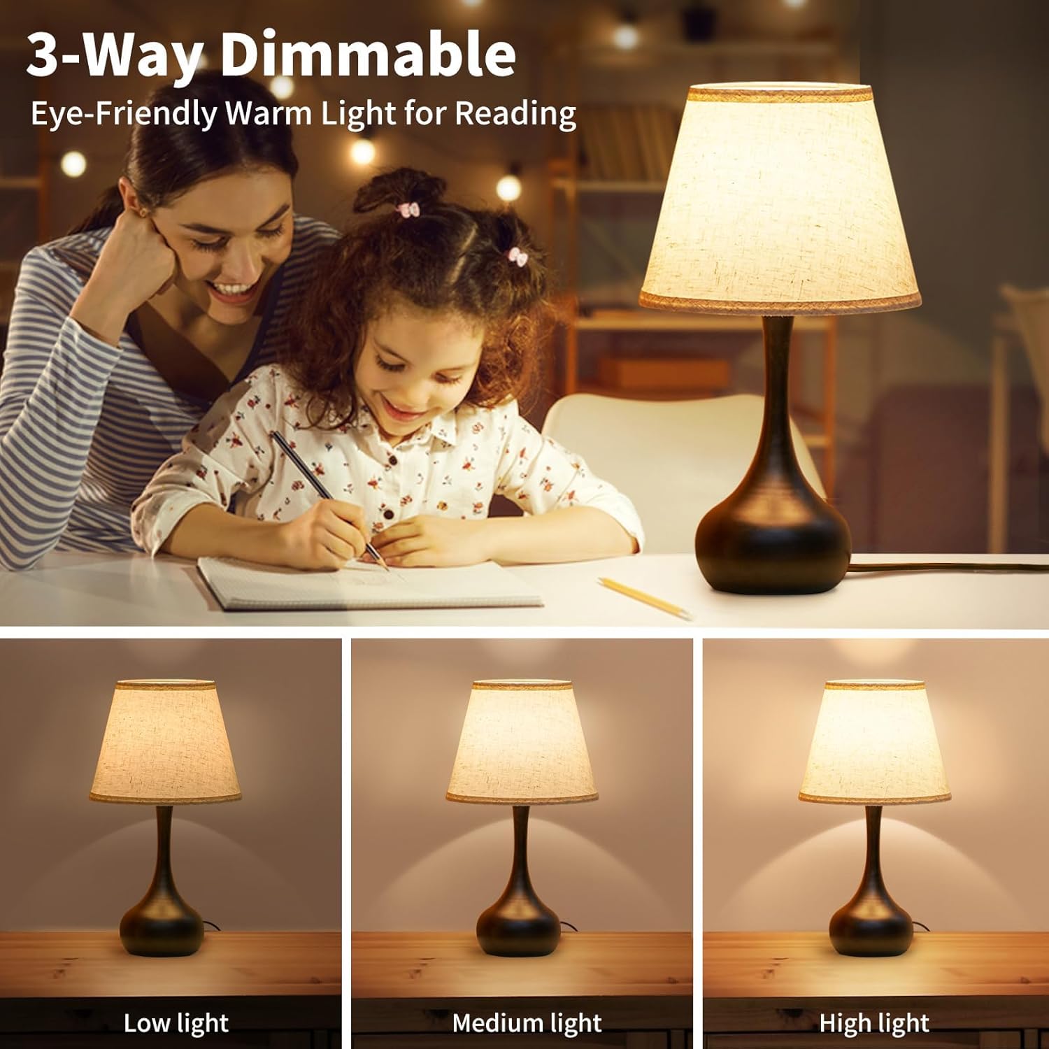 ONEWISH Touch Bedside Lamp Set of 2, Farmhouse 3-Way Dimmable Table Lamps for Nightstand with Fabric Shade, Desk Lamp for Reading…