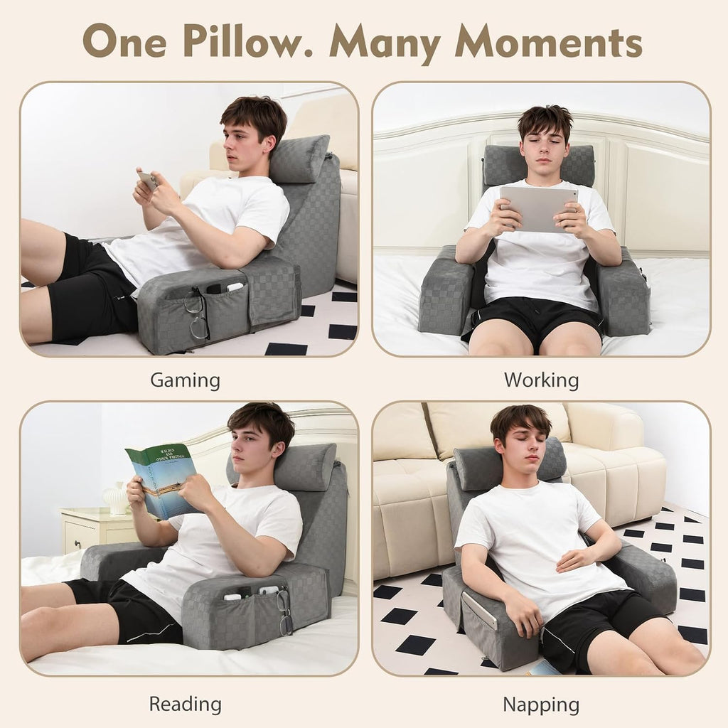 Vekkia 21" Reading Pillow with Arms and Headrest – Tall Back Support Cushion for Adults, Multi-Density Foam, Removable Cover & XL Side…