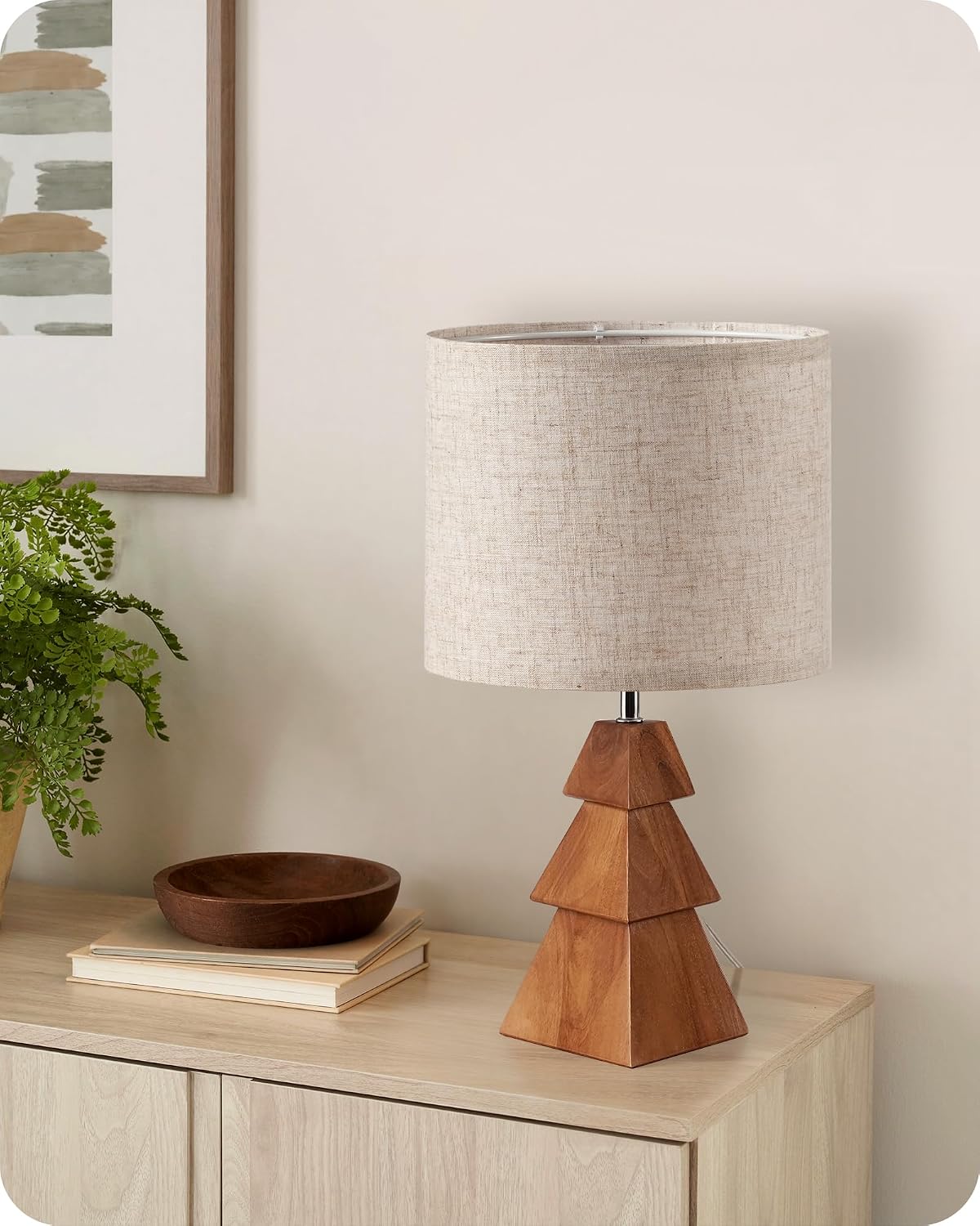 Wood Table Lamp, Wood Bedside Lamp with Tree-Shaped Base & Linen Lampshade, Modern Cute Desk Lamp for Living Room, Bedroom, E26 Base…