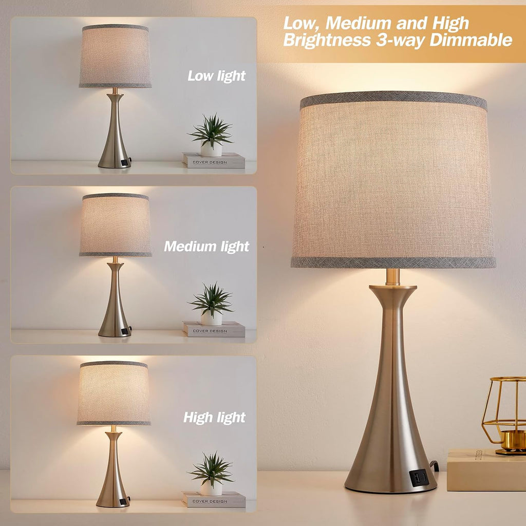 Touch Lamp for Living Room Bedroom, 21" Table Lamps Set of 2 with USB C+A Ports and Grey Lamp Shades, Touch Bedside Lamps for Nightstand…