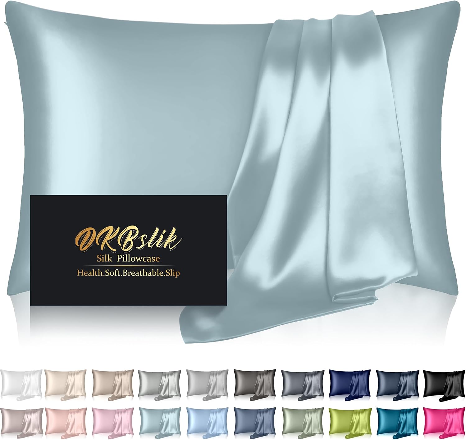 Home Mulberry Silk Pillowcase Standard Size Cooling Anti-Acne Hidden Zipper Navy Blue 1cm Blue