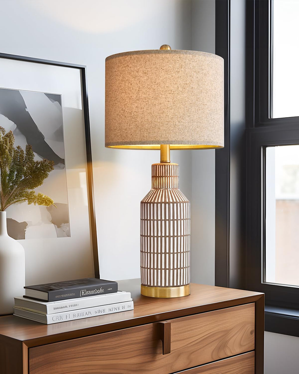 USumkky 25" Table Lamps Set of 2, Modern Ceramic Bedside Lamps - Farmhouse Brown Nightstand Lamps for Bedroom, Boho Living Room End Table…