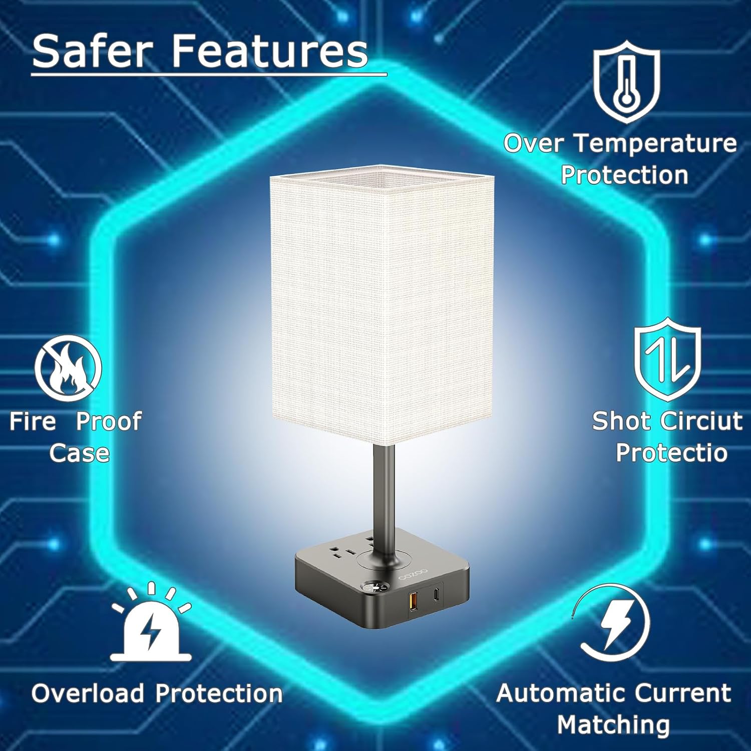 Table Lamp Dimmable cozoo USB Bedside Table Desk Lamp with 2 USB Charging Port(A+C) 2 Outlet, Nightstand Lamp with Charger Base White…
