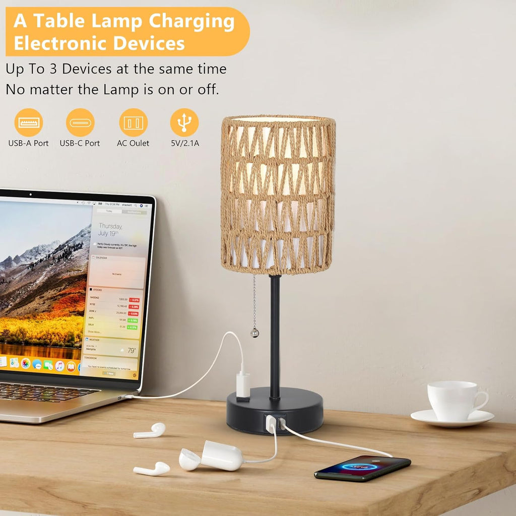 Rattan Bedside Table Lamps Set of 2 - Boho Lamps With 3 Color Temperatures & USB AC Port, Pull Chain Table Lamp For Bedroom, Cute Small…