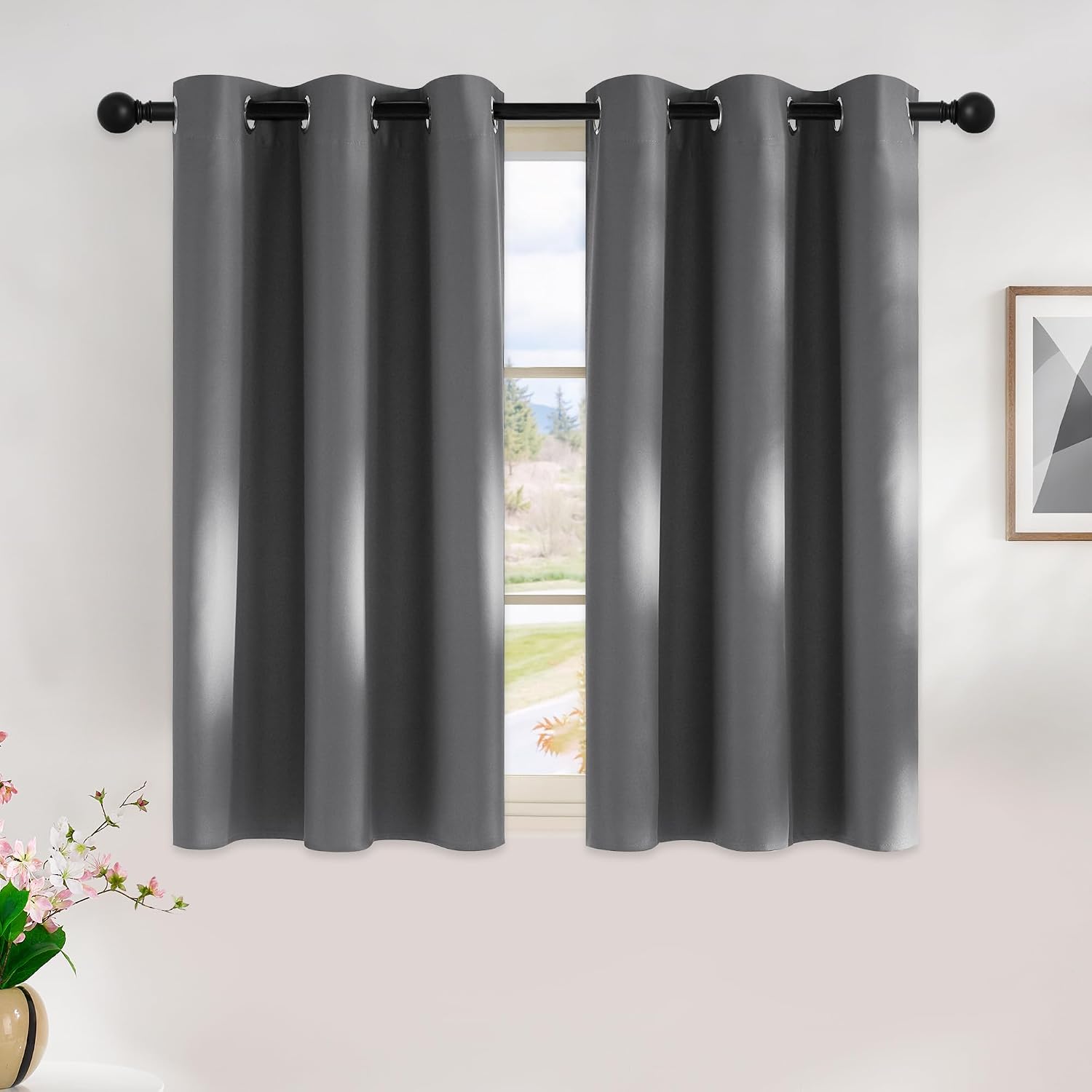 NICETOWN Grey Kitchen Blackout Short Curtain Panels for Bedroom, 45 Inch Long Thermal Insulated Grommet Top Blackout Draperies and Drapes…