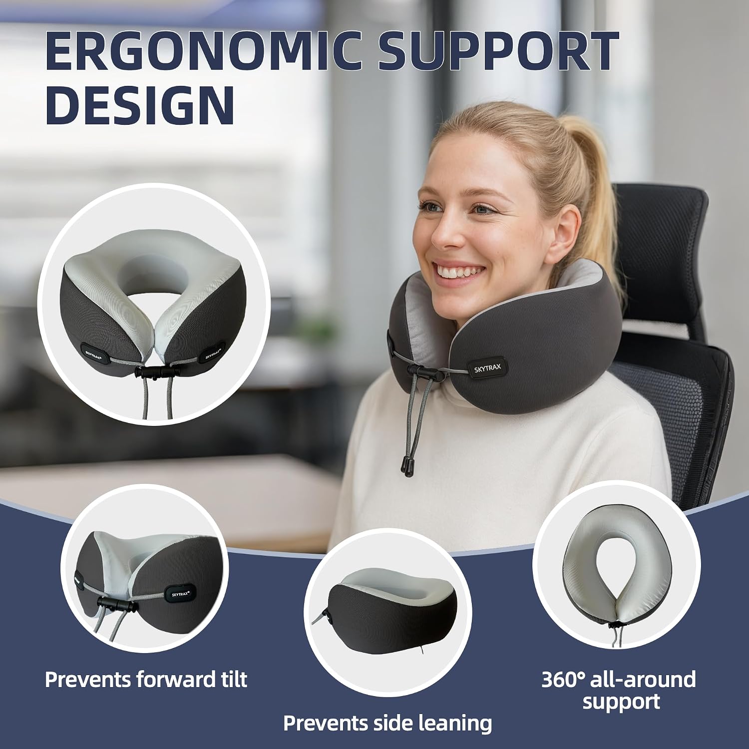 Skytraxcomf SKYTRAX COMF® Ergonomic Memory Foam Travel Neck Pillow, Washable Cooling Ice Silk Cover, Firm Neck Support for Airplane Long Fl…