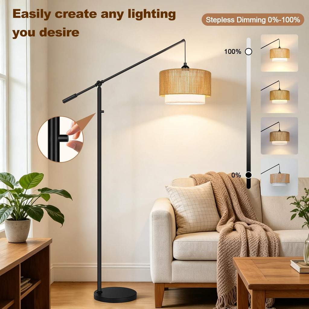Upgraded】Boho Dimmable Floor Lamps with Adjustable Swing Arm, 1100 Lumens Bulb Included, Modern Arc Standing Lamp with Rattan & Fabric…