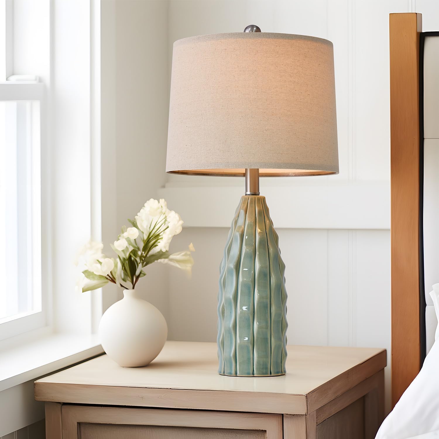 USumkky Ceramic Table Lamps Set of 2, 23.75" Modern Farmhouse Bedside Lamp - Green Nightstand Lamps for Bedroom, Boho Living Room End…