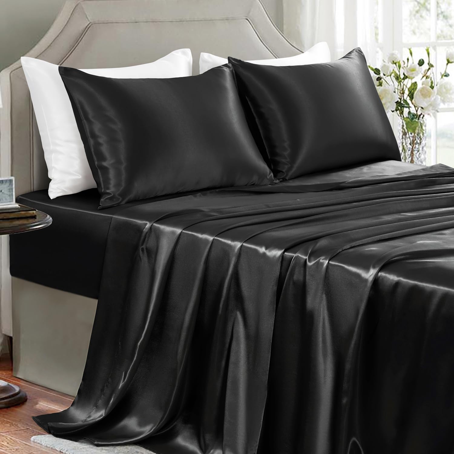 Golal Satin Sheets California King Size - 4 Pieces Luxury Silky Soft Bed Sheets, Wrinkle-Free Black Satin Silk Sheet Set with 1 Deep Pocket…