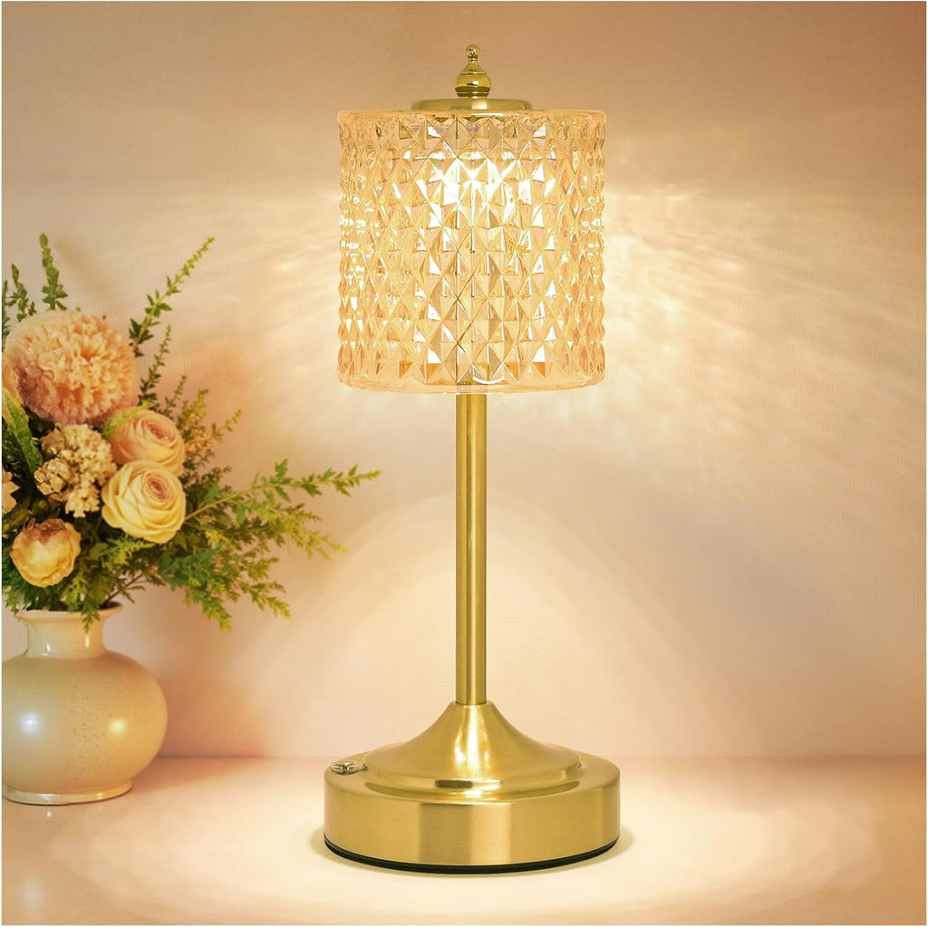 Cordless Crystal Table Lamp, 5200mAh Rechargeable Battery, 3 Color Dimmable Touch Control, Portable Vintage Gold Desk Lamp for Bedroom…