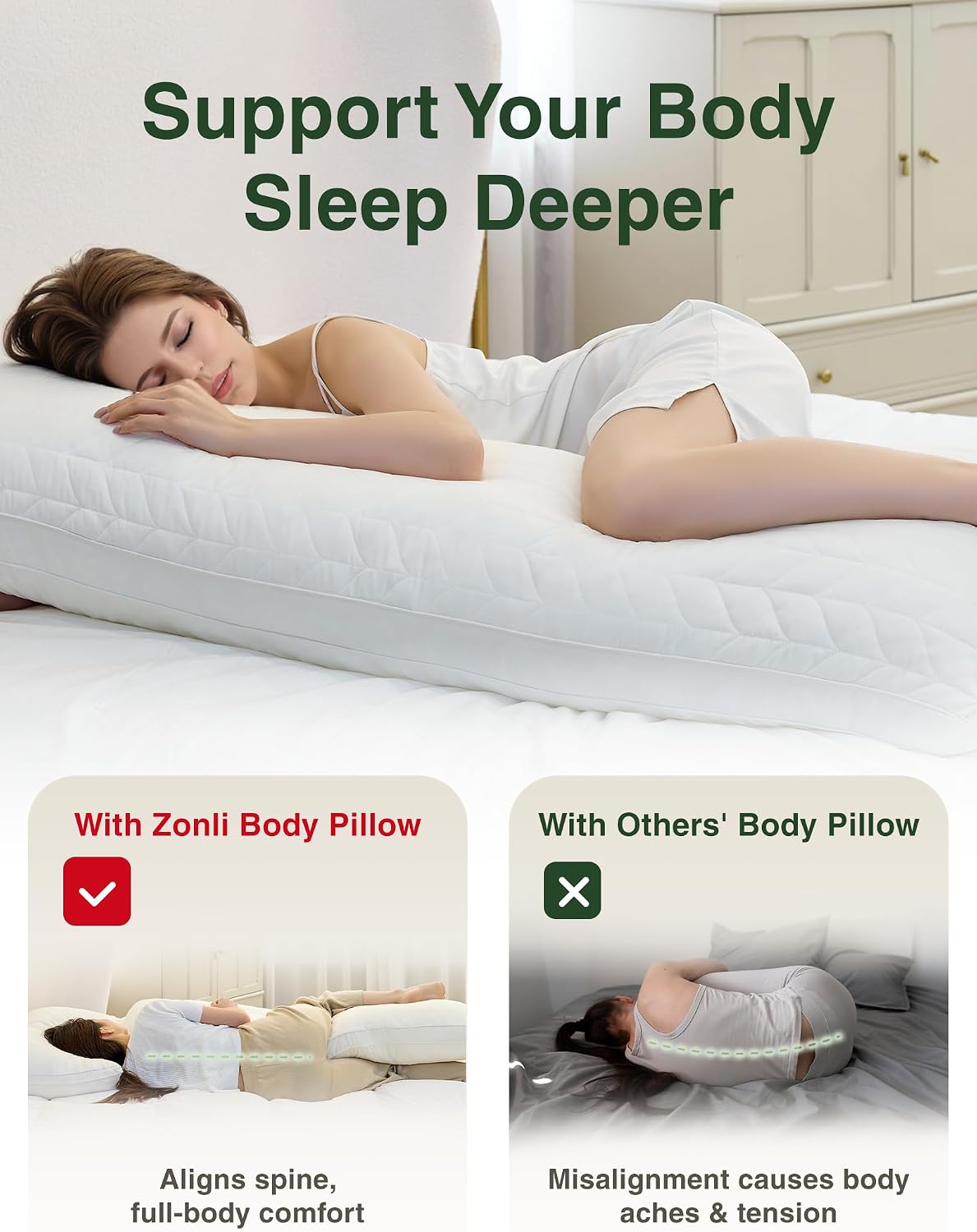 ZonLi Long Body Pillows for Adults, Memory Foam Body Pillow Adjustable, Firm Support for Side Sleepers, Pregnant Women, Washable Quilted…