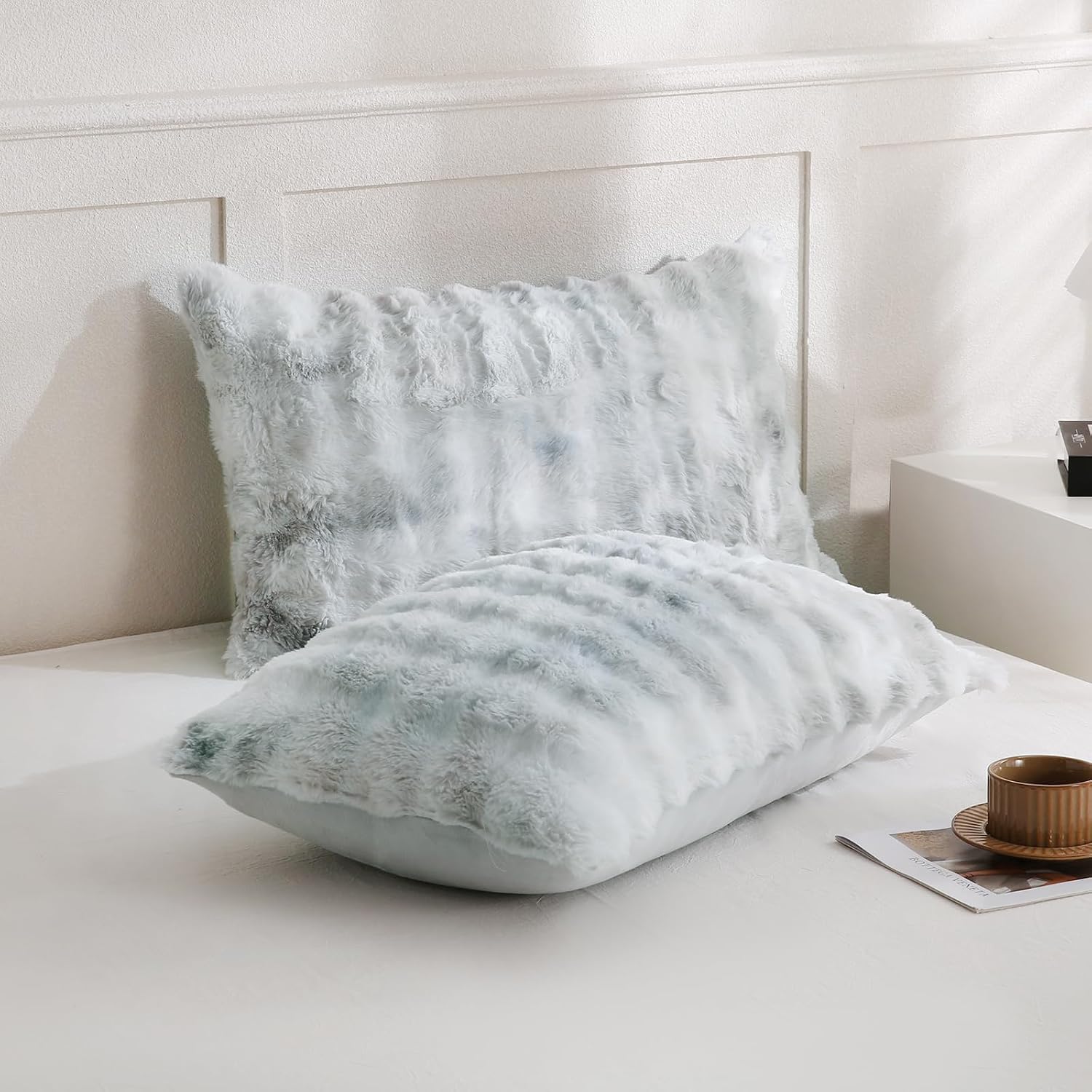 Chumerry Gray Fuzzy Pillow Case Faux Fur Pillow Cover Chic Plaid Check Texture Extra Soft Fluffy Plush Shaggy Fabric Tie Dye Decorative Pil…