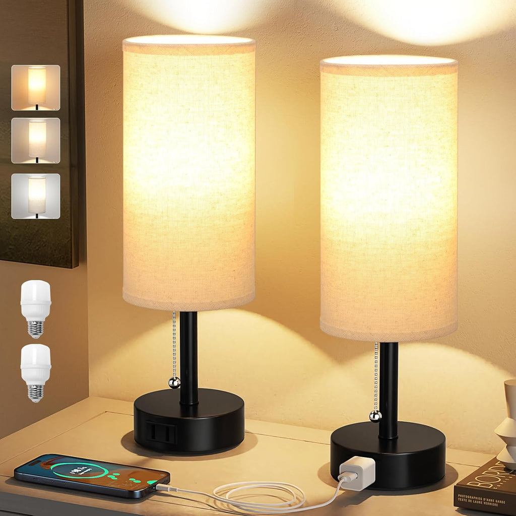 Fenmzee Bedside Table Lamps Set of 2-3 Color Temperatures Pull Chain Lamp with AC Outlet Charging Port, Round Night Stand Lamps for…