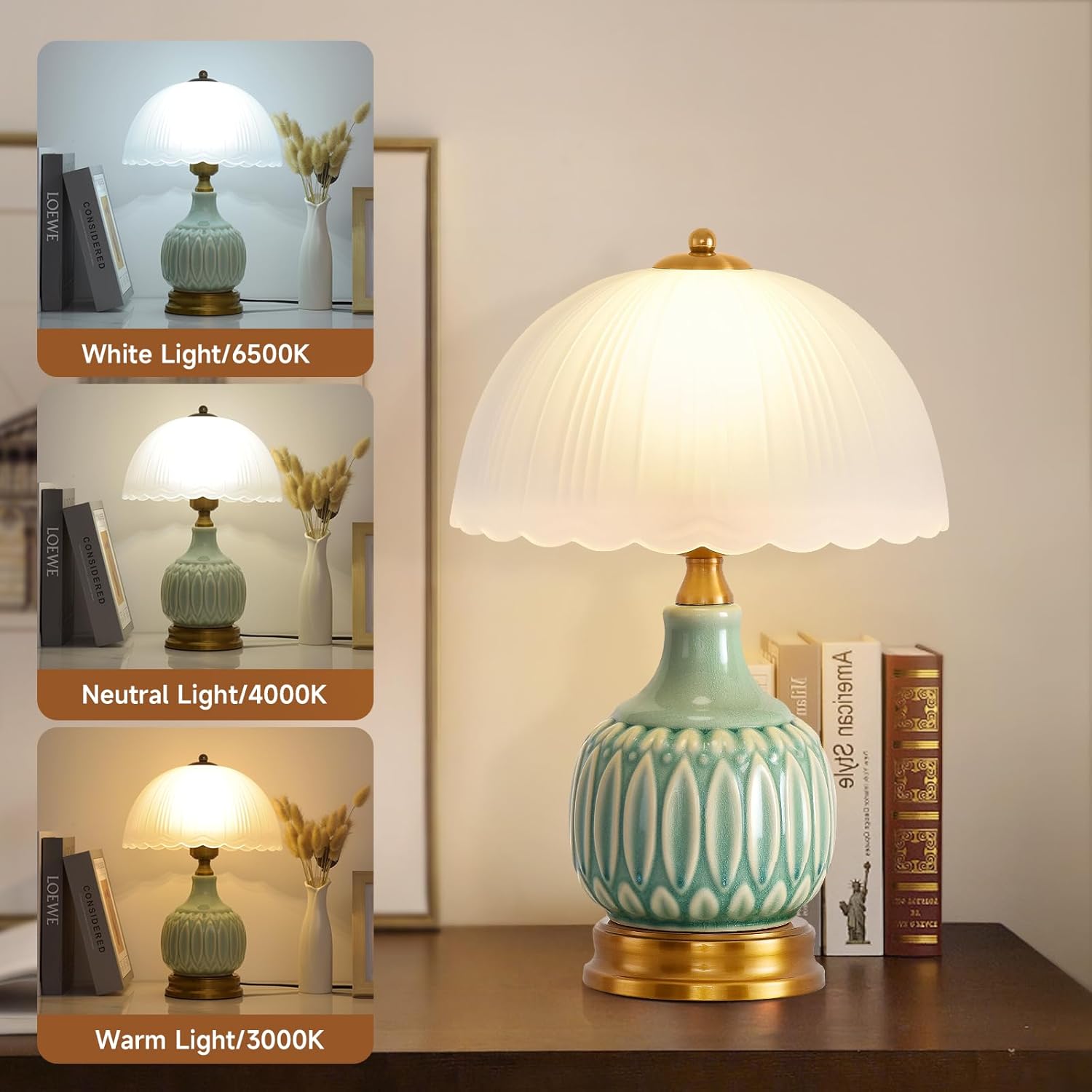 Table Lamps Ceramic Retro Lamp for Living Room,15.7" Modern Bedside Nightstand Traditional Lamps, Classic Chinoiserie Green Glass Lamp…
