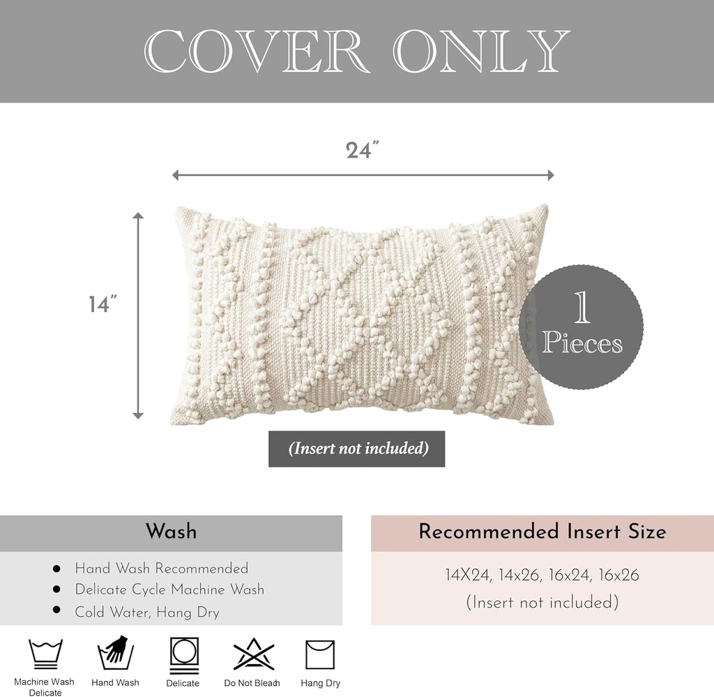BlissBlush Pure White Decorative Lumbar Pillow Cover 14x24, Boho Accent Throw Pillow Case for Couch Sofa Bed, Modern Farmhouse Textured…
