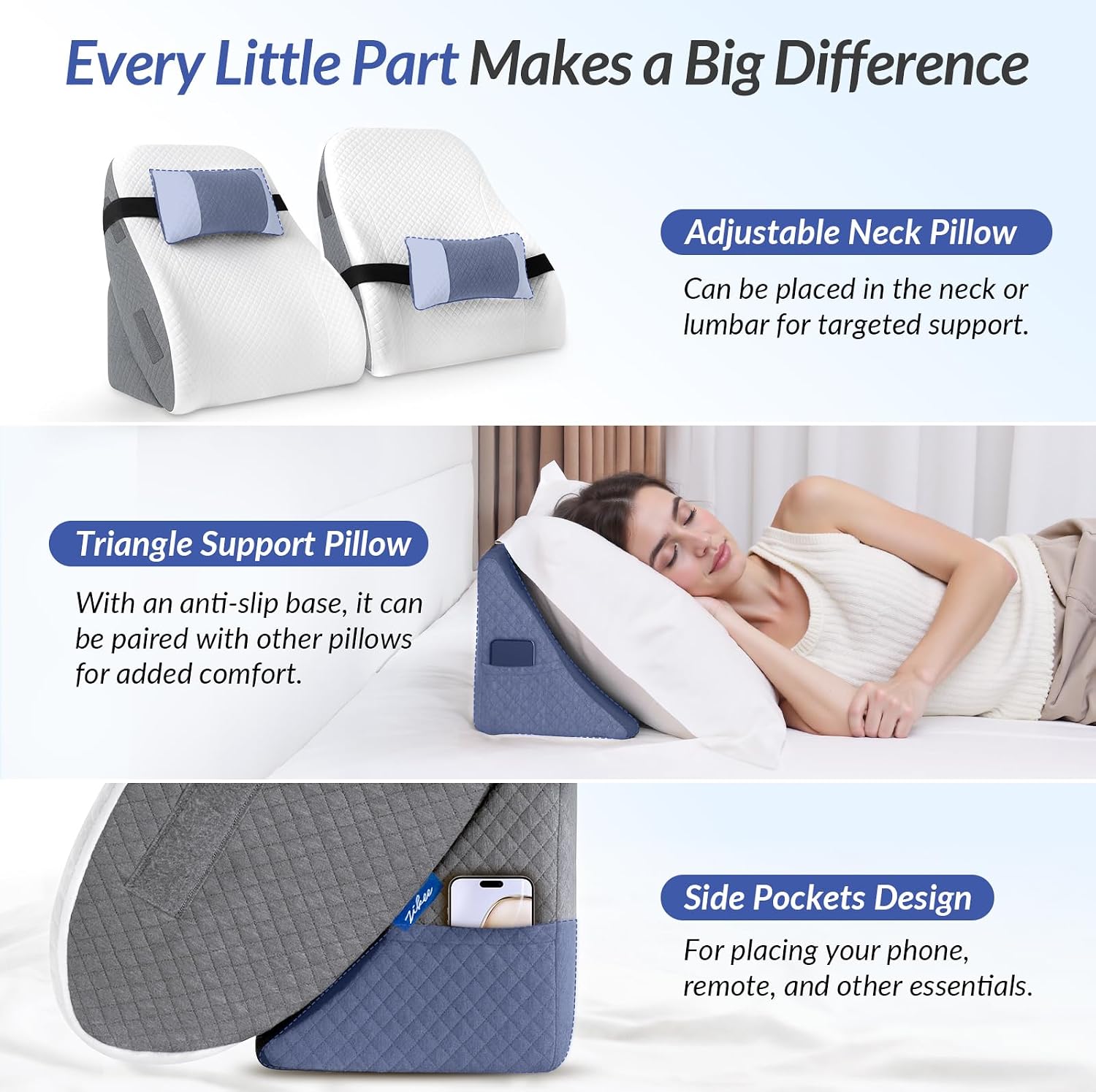 Zikee Adjustable Wedge Pillow Headboard Set for Sleeping & After Surgery, Ergonomic Reading Pillow for Sitting in Bed, Bed Wedge with Memor…