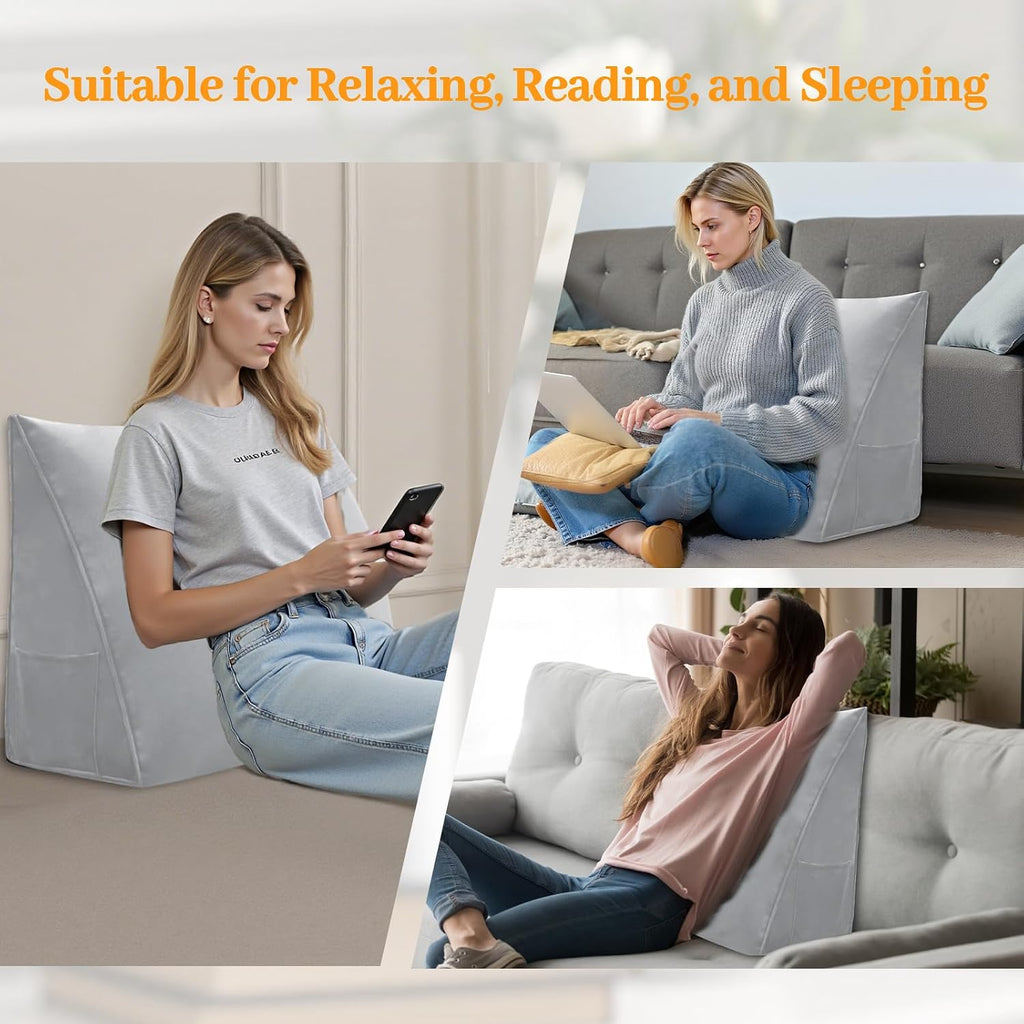 Wedge Headboard Pillow Reading Backrest Pillow for Sitting in Bed Sofa Dorm with Removable Cover Side Pockets Dutch Velvet Fabric Grey