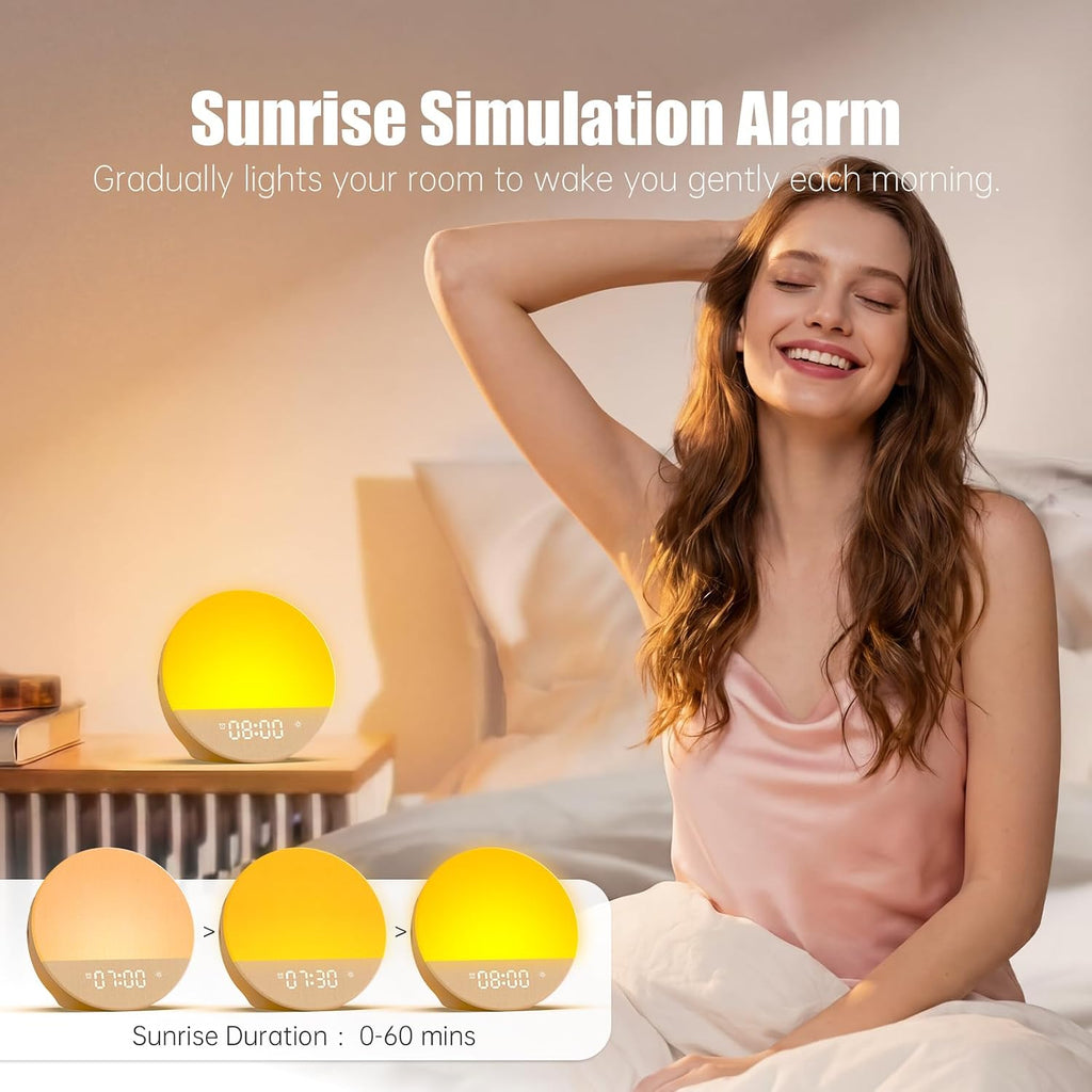 Alarm Clock Sound Machine Sleeping, Sunrise Digital Alarm Clocks Bedrooms, Loud Bluetooth Speaker Alarms Clock 23 White Noise Dual Alarms…