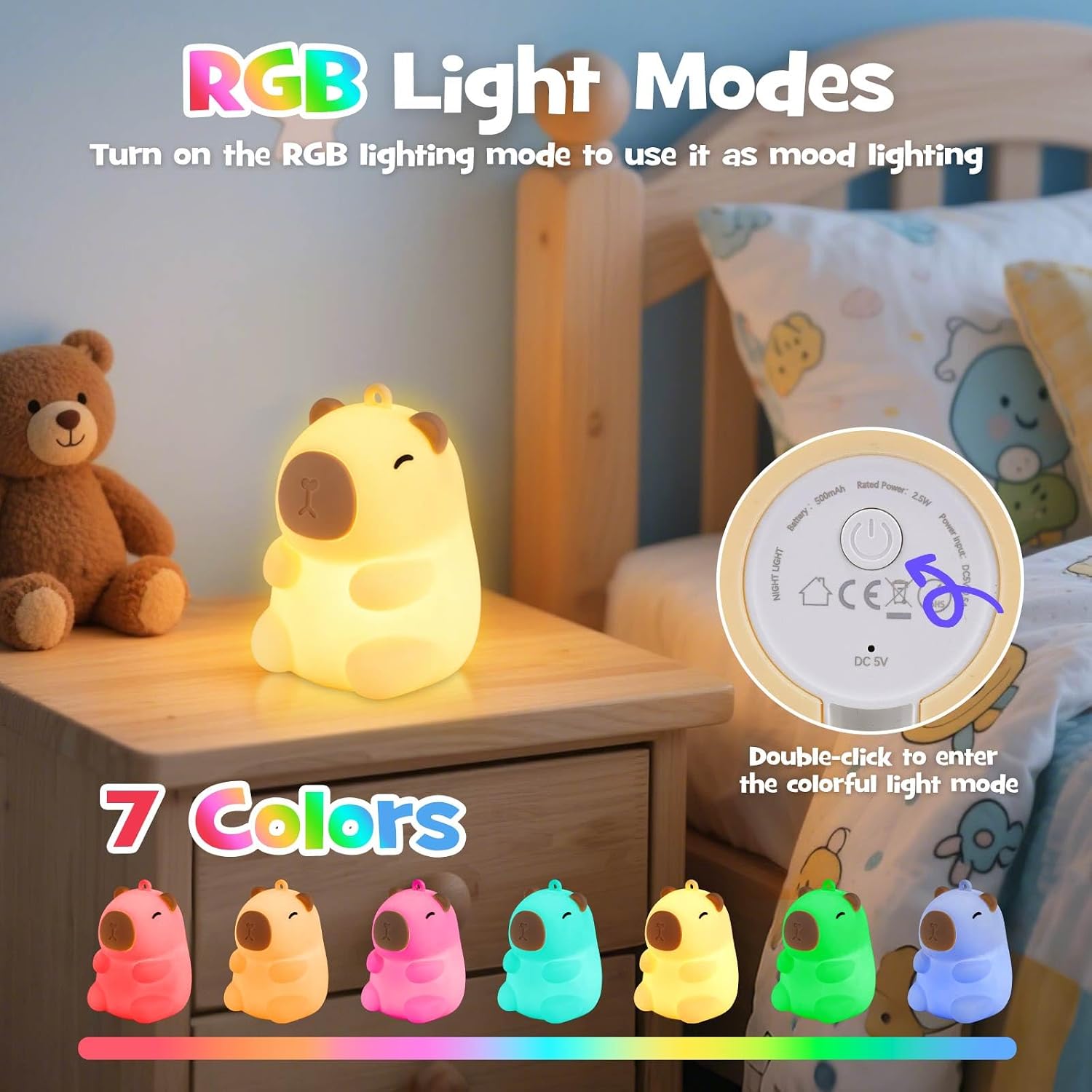 Squishy Christmas Capybara Night Light with RGB Modes Dimmable Nursery Breastfeeding Nightlight Hangable Cute Novelty Animal Lamp…