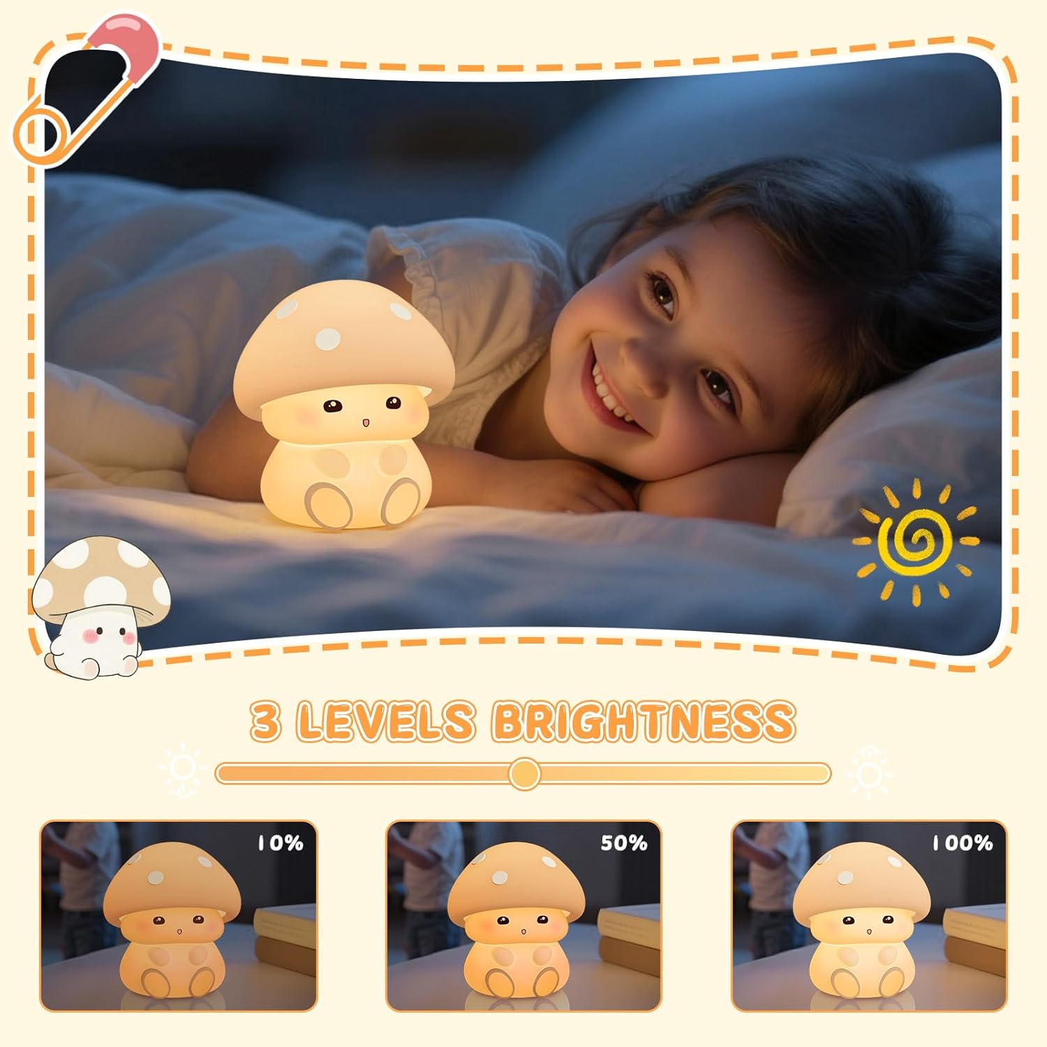 Mushroom Night Light for Kids - Portable LED Nursery Lamp with Tap Control, 7 Color Changing, Dimmable Bedside Light for Baby Room…
