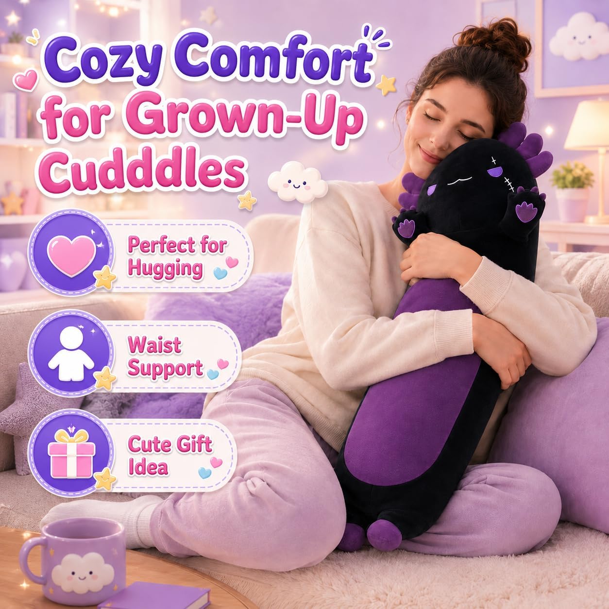 Long Axolotl Stuffed Animals 27.6 Inch, Soft Axolotl Plush Pillow Cute Body Pillow Gifts for Kids Girlfriend, Black&Purple