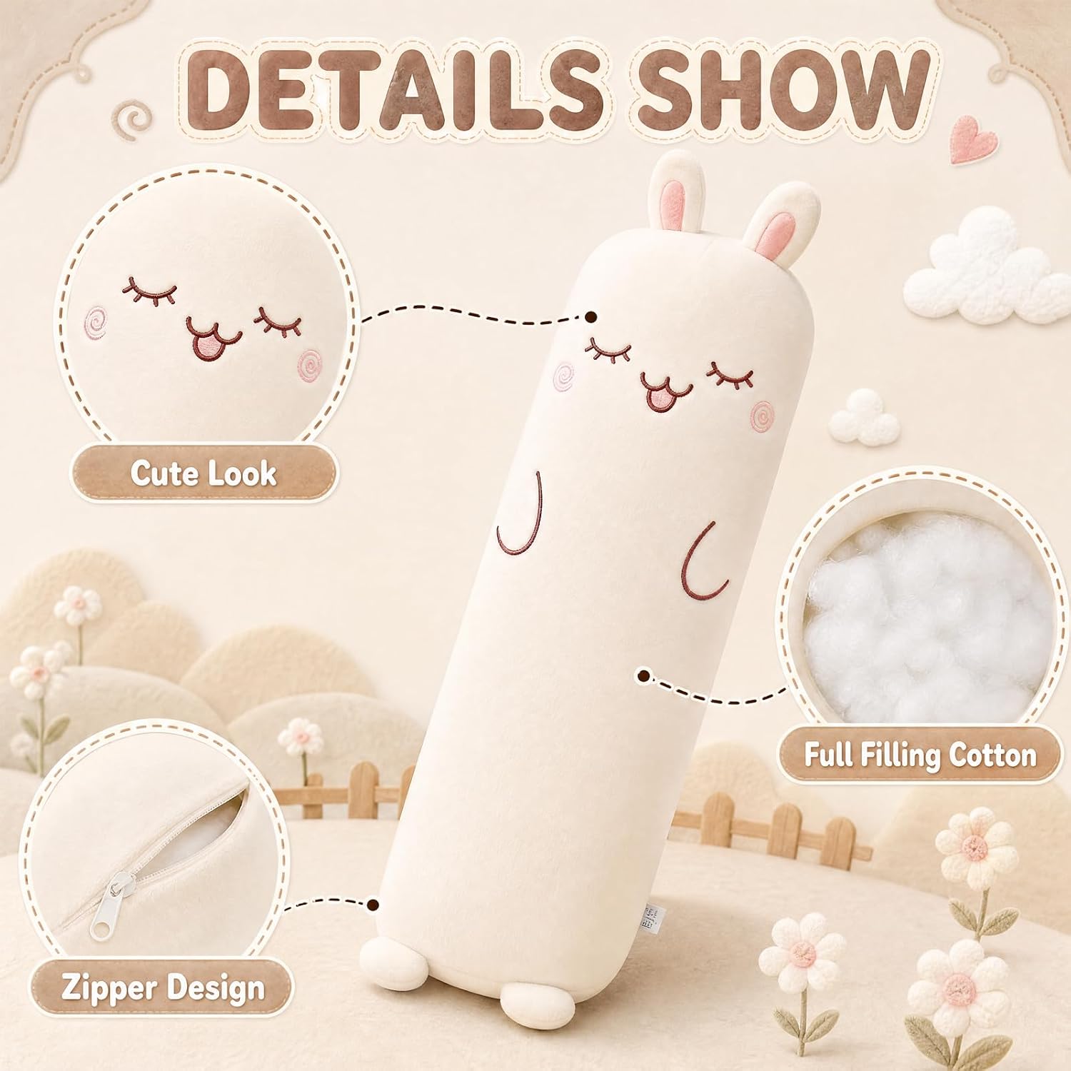 Long Plush Cute Body Pillows 27" Cuddle Stuffed Animal Shaped Bed Body Pillows Soft Cotton Plushies Doll Toy Gifts (Bunny, 27 Inch)