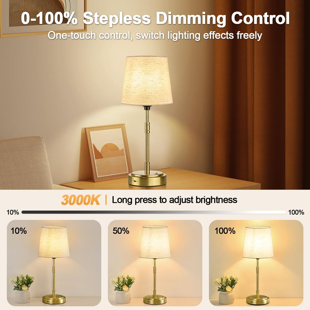 Cordless Table Lamps Set of 2 – Battery Operated Lamp with 7500mAh Rechargeable Battery, Stepless Dimmable Brushed Gold Lamps with Beige…
