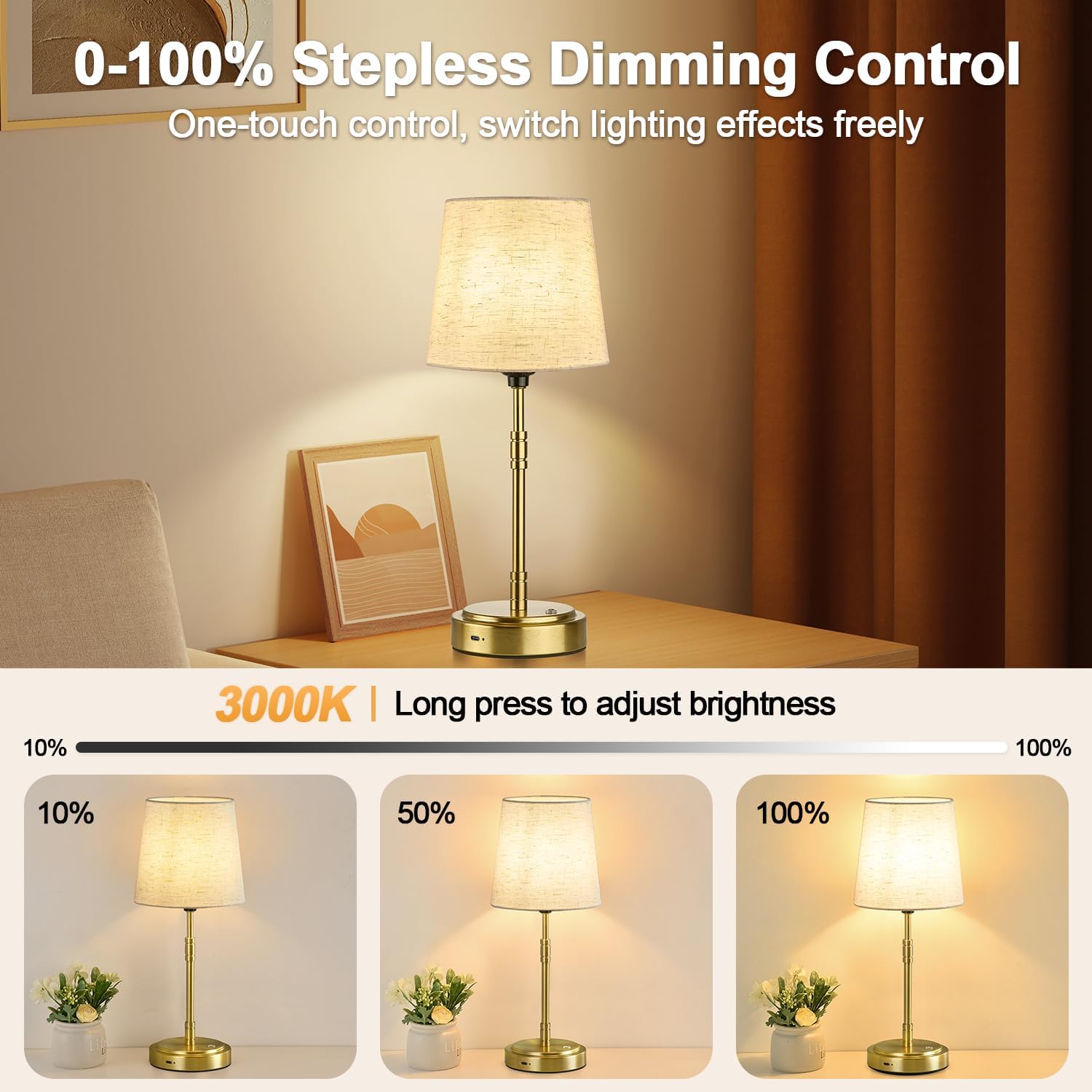 Cordless Table Lamps Set of 2 – Battery Operated Lamp with 7500mAh Rechargeable Battery, Stepless Dimmable Brushed Gold Lamps with Beige…