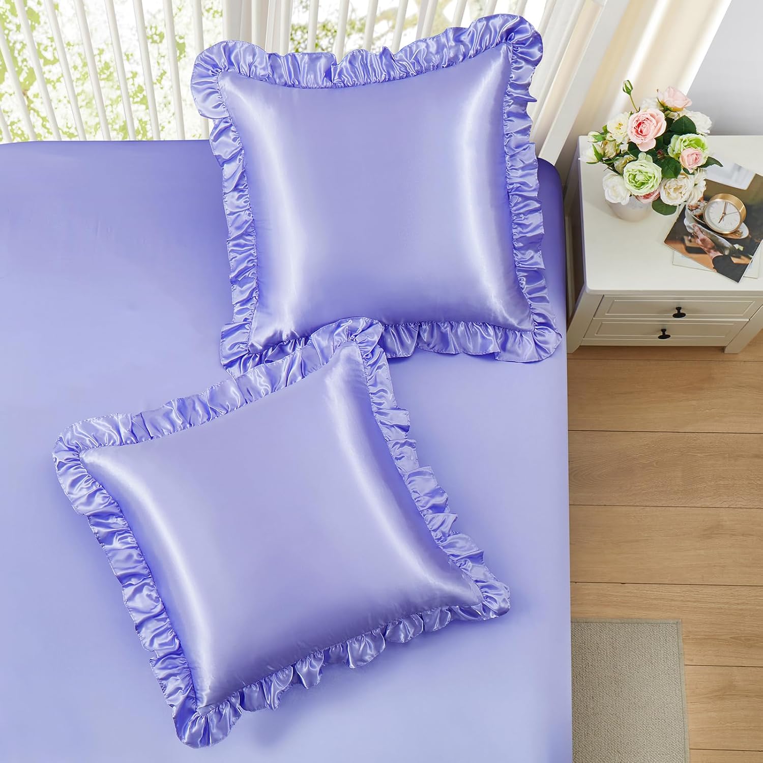 Homiest Ruffle Euro Sham Covers 26x26 Inch Set of 2, Lavender Satin Pillow Shams with 3 Inch Wide Decorative Ruffled, European Square…