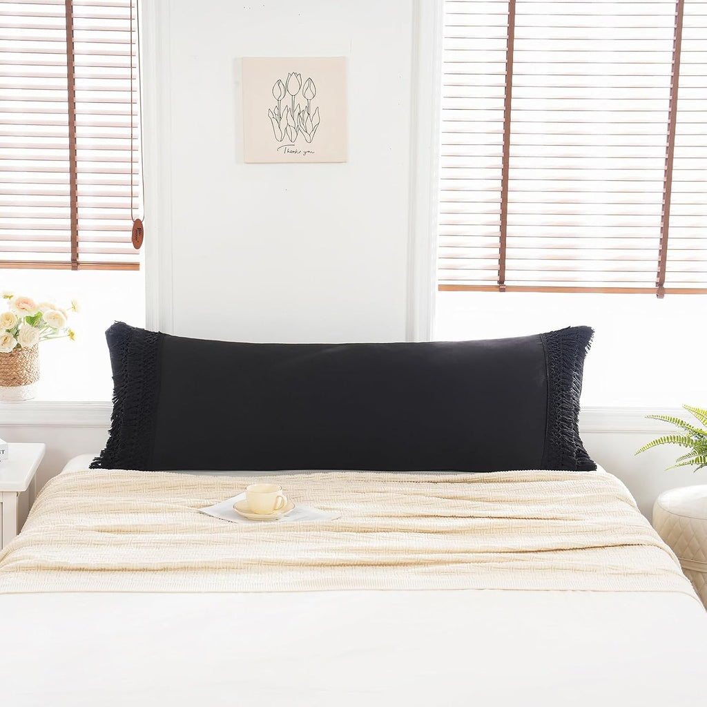 Moveover MOVE OVER Black Body Pillow Cover 20x54 Macrame Tassel Decor Design Boho Body Pillow Case Cover with Pocket Closure Black