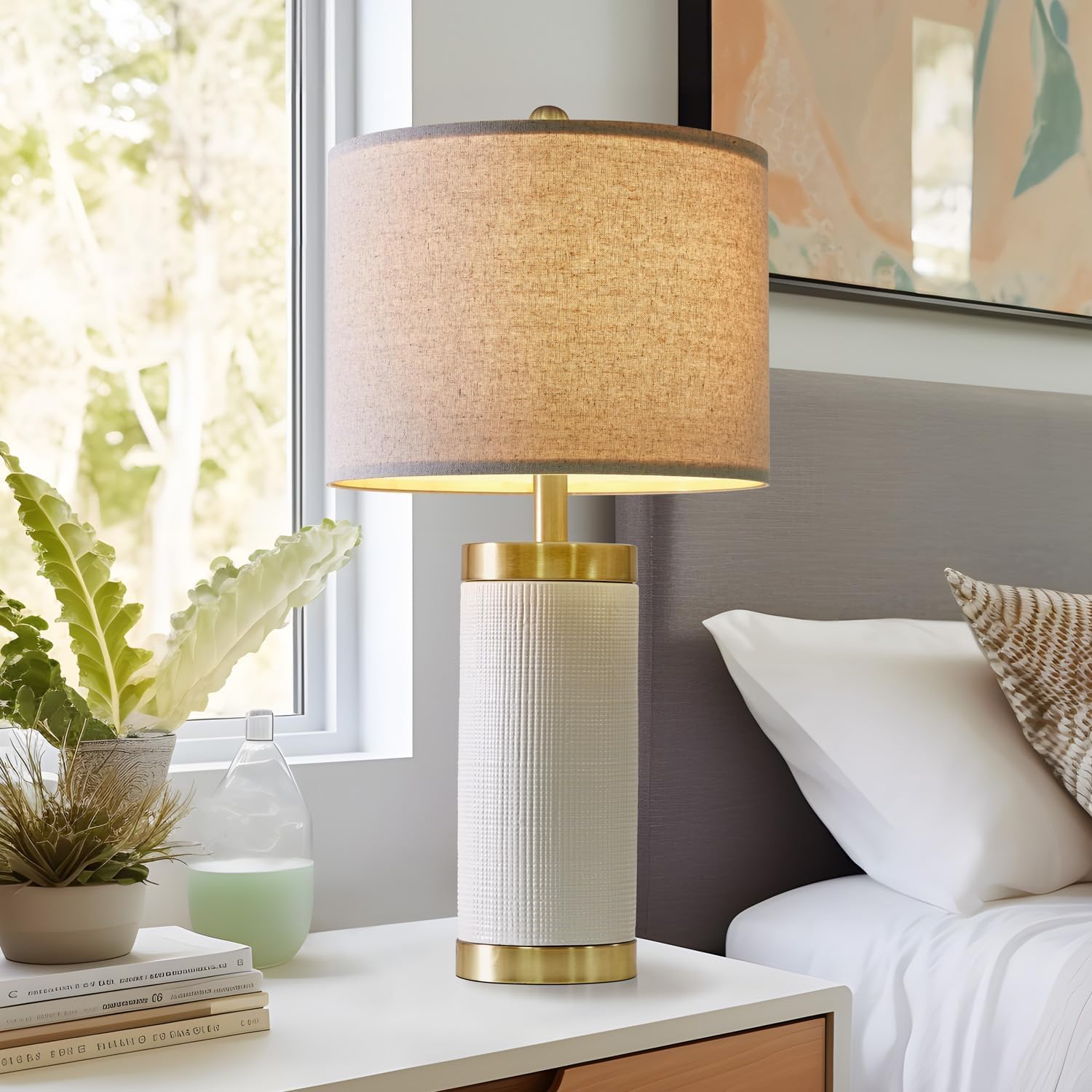 USumkky 24.5" Modern Ceramic White Bedside Lamp for Bedroom Decor Farmhouse Table Lamp for Living Room Office Dorm
