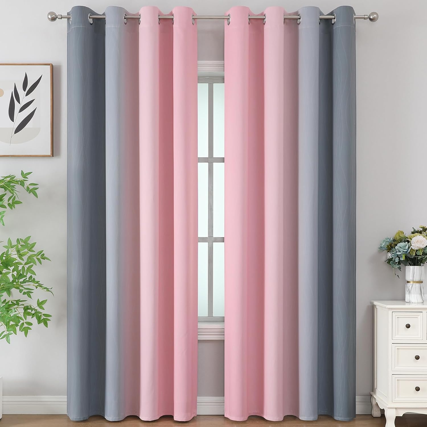 Estelartextiler Ombre Pink and Gray Blackout Curtains 96 Inches Long, Full Room Darkening Curtains for Bedroom, Grommet Thermal Insulated G…