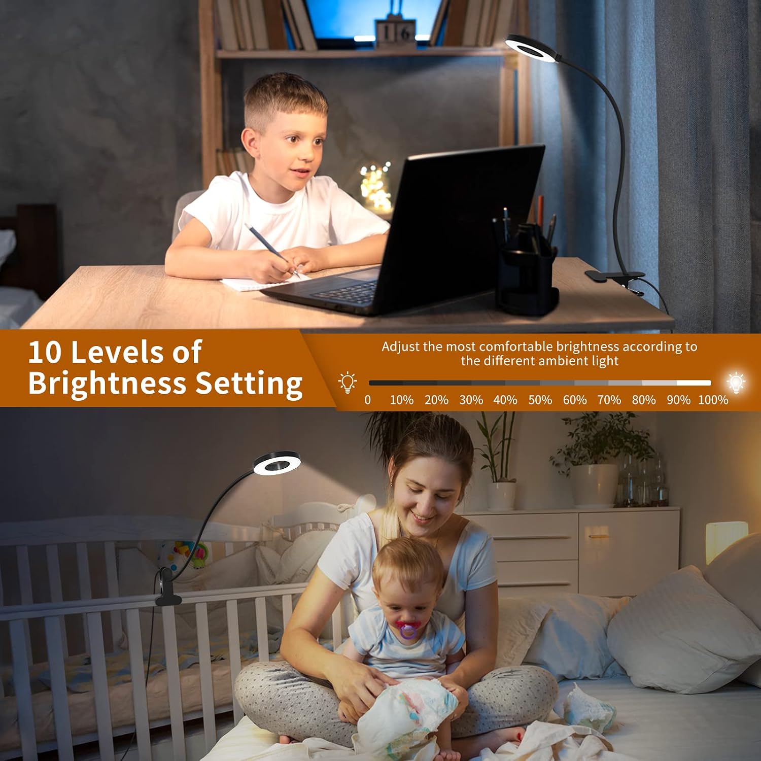 iZell Desk Lamp, [3 Color Modes & 10 Brightness] LED Reading Light with Clamp, Silicone Flexible Arm Book Light for Kids Reading Book in Be…