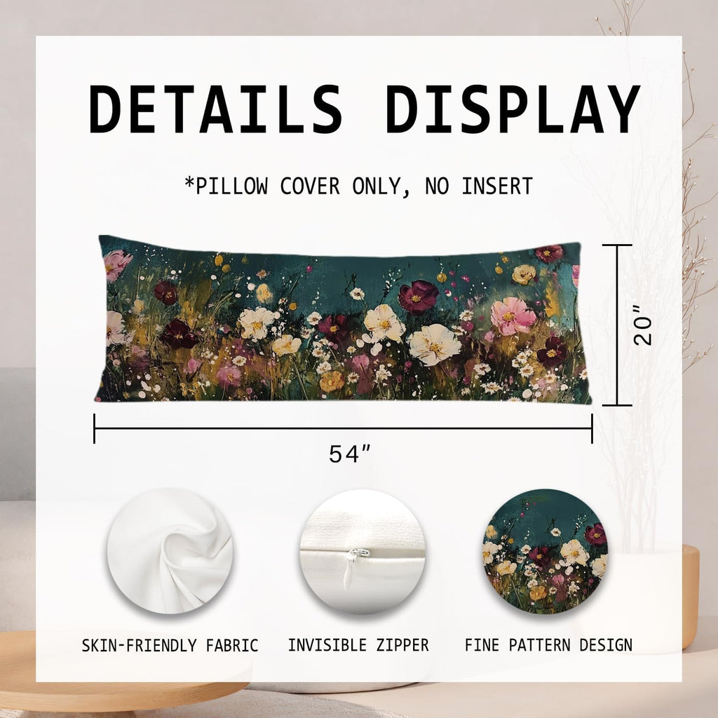 Abstract Retro Wildflowers 20x54 Body Pillow Cover, Floral Room Decor, Botanical Decor, Vintage Dark Cottagecore Flower Aesthetic…