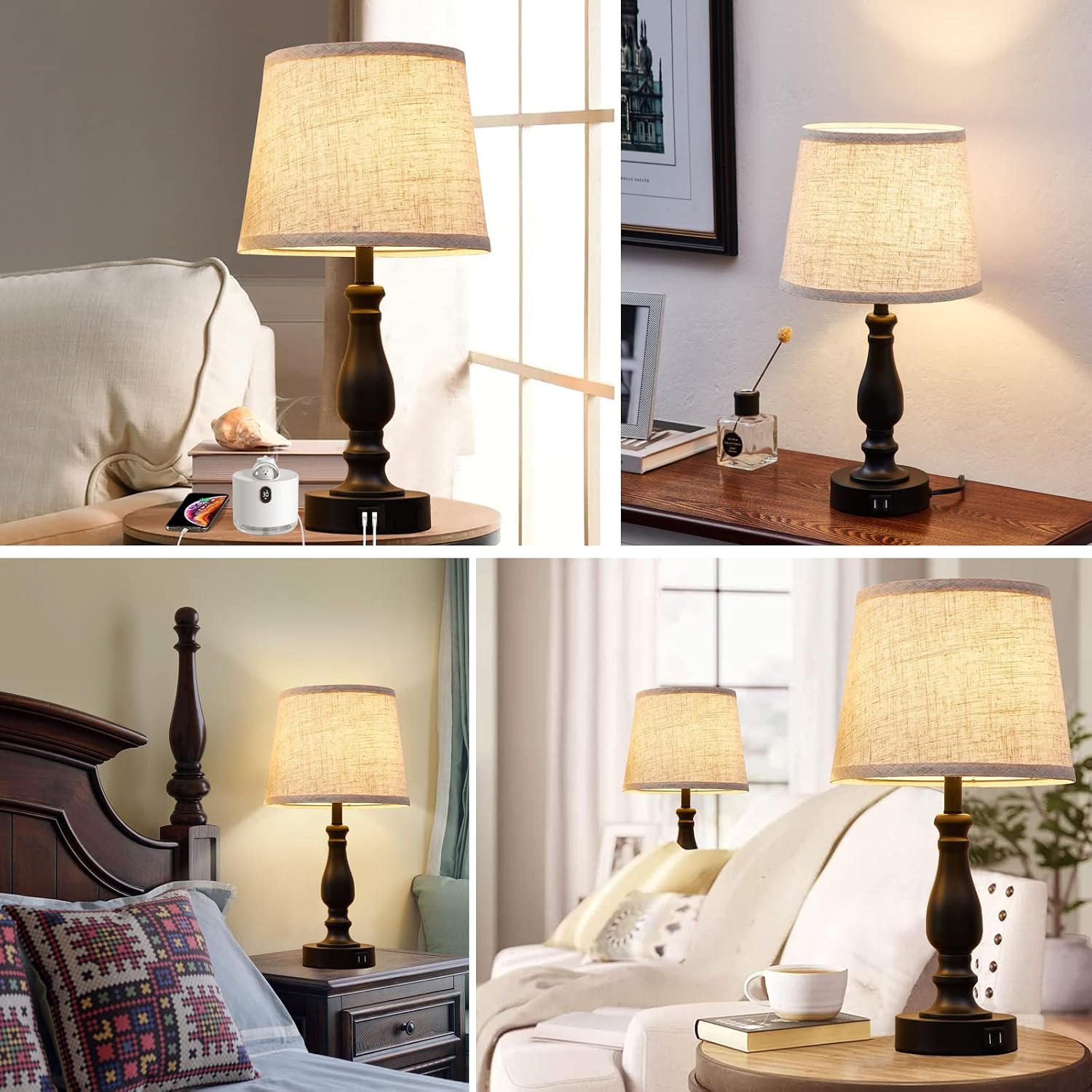 EJIAXIN Table Lamps Set of 2, Bedside Nightstand Lamps with USB Charging Ports, Dimmable Touch with Linen Fabric Lampshade, Modern Small…