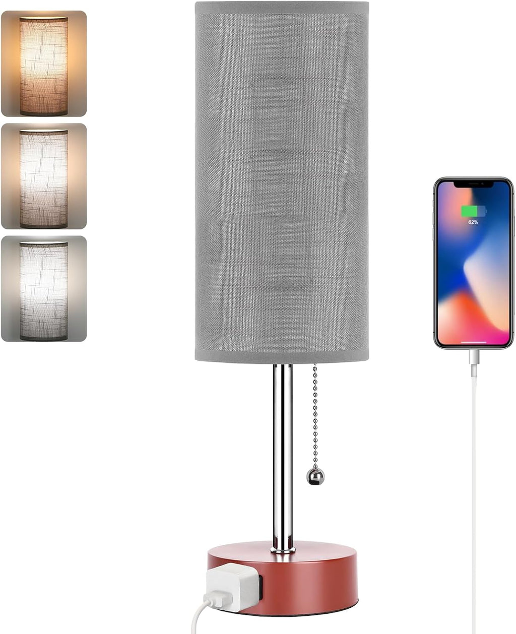 Dott Arts Table Lamp for Bedroom, 3-Color Bedside Lamps with Pull Chain, Bedroom Table Lamps for Nightstand, AC Outlet Small Lamp for…