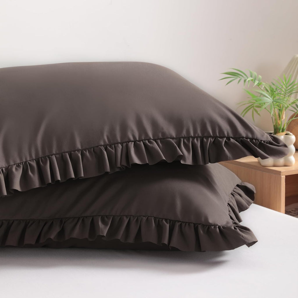 Bedsum Ruffled Pillow Shams Standard 20x26 Set of 2, Brushed Microfiber Pillowcases with Envelope Closure, Soft Wrinkle-Resistant, Dark Bro…