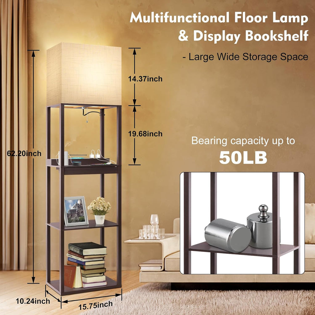 RUNTOP Floor Lamp with Shelves, Modern Standing Lamp with Wireless Charger, 1 Drawer and 2 USB Ports & 2 Power Outlet, 15W LED Bulb 3…
