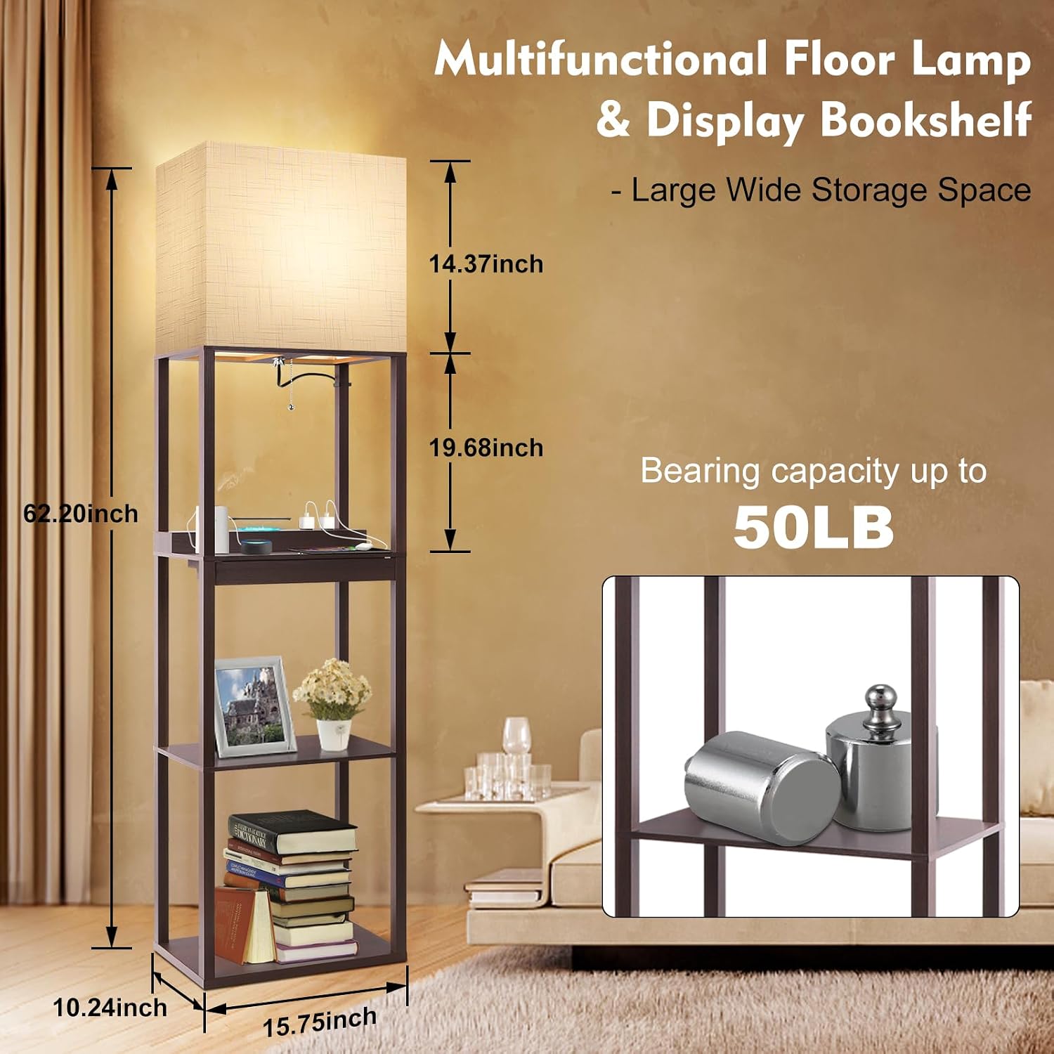 RUNTOP Floor Lamp with Shelves, Modern Standing Lamp with Wireless Charger, 1 Drawer and 2 USB Ports & 2 Power Outlet, 15W LED Bulb 3…