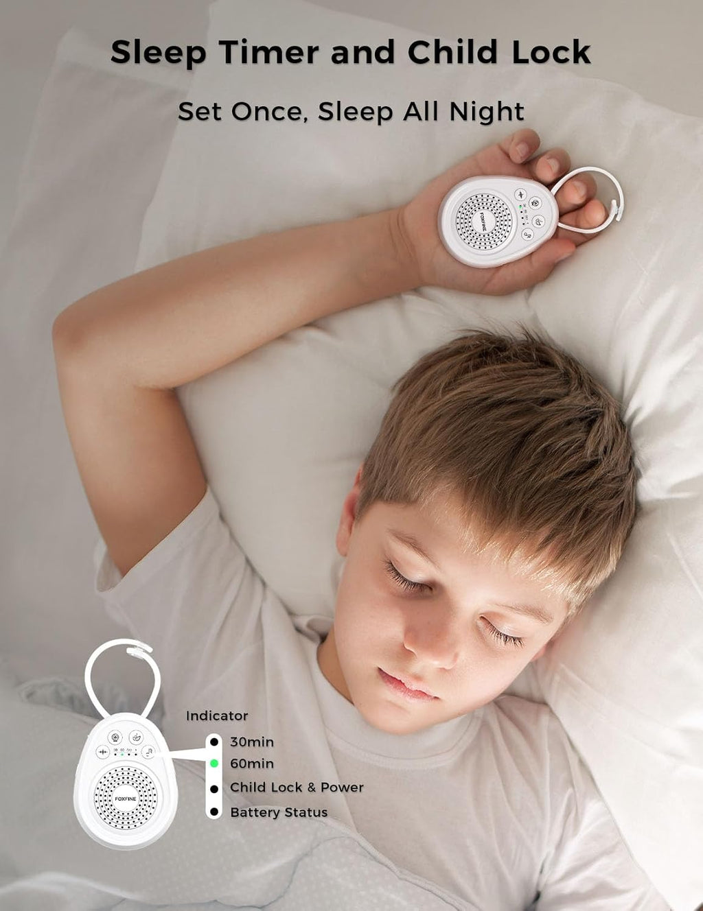 FOXFINE Portable Sound Machine, Travel White Noise Machine with 30 Soothing Sounds, Timer & Memory for Sleeping, Baby, Adults, White