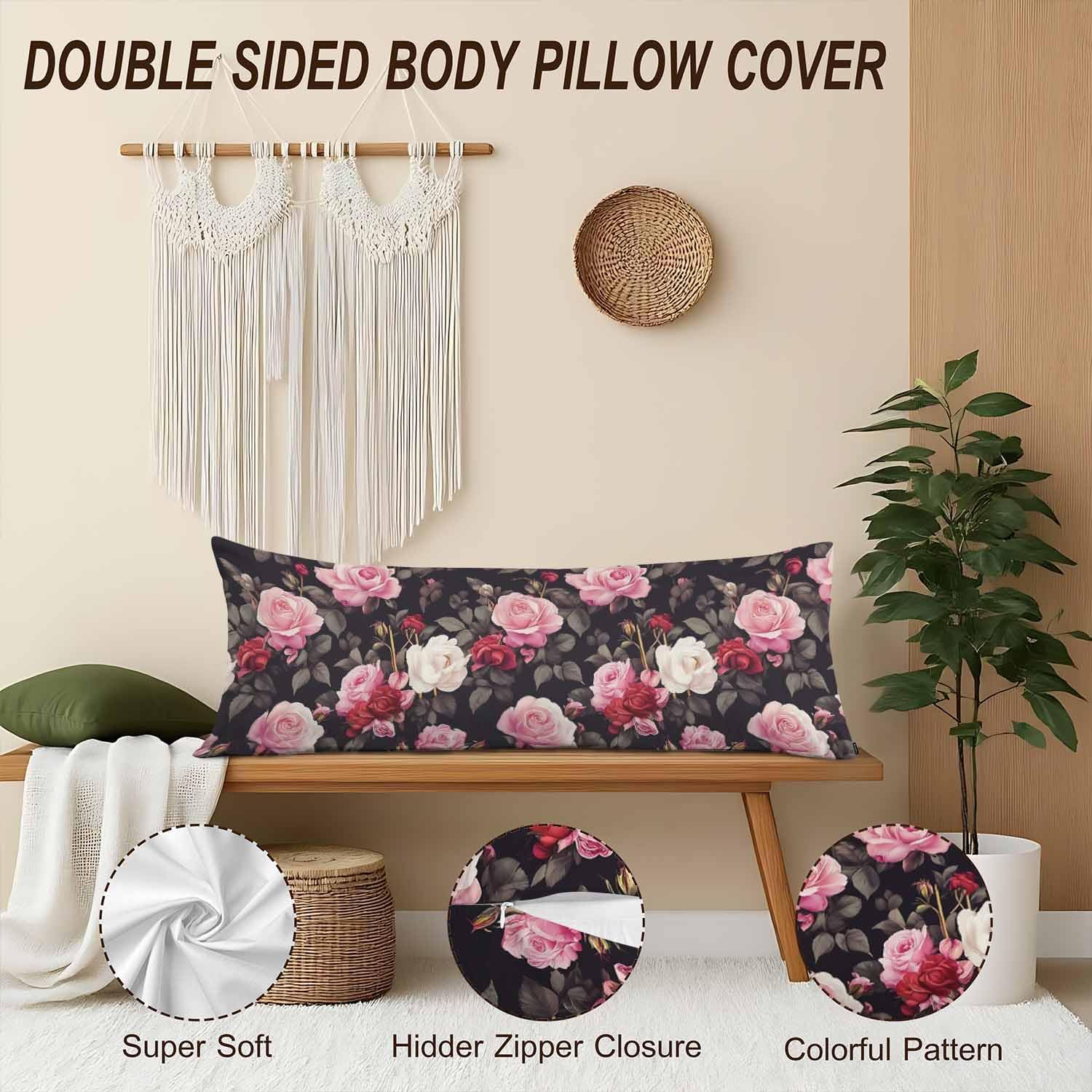 Outdoor Pillows Body Pillow Cover Rose Lumbar Body Pillow Case Protector Blossom Roses Body Cushion Covers Bed Body Pillowcases for…